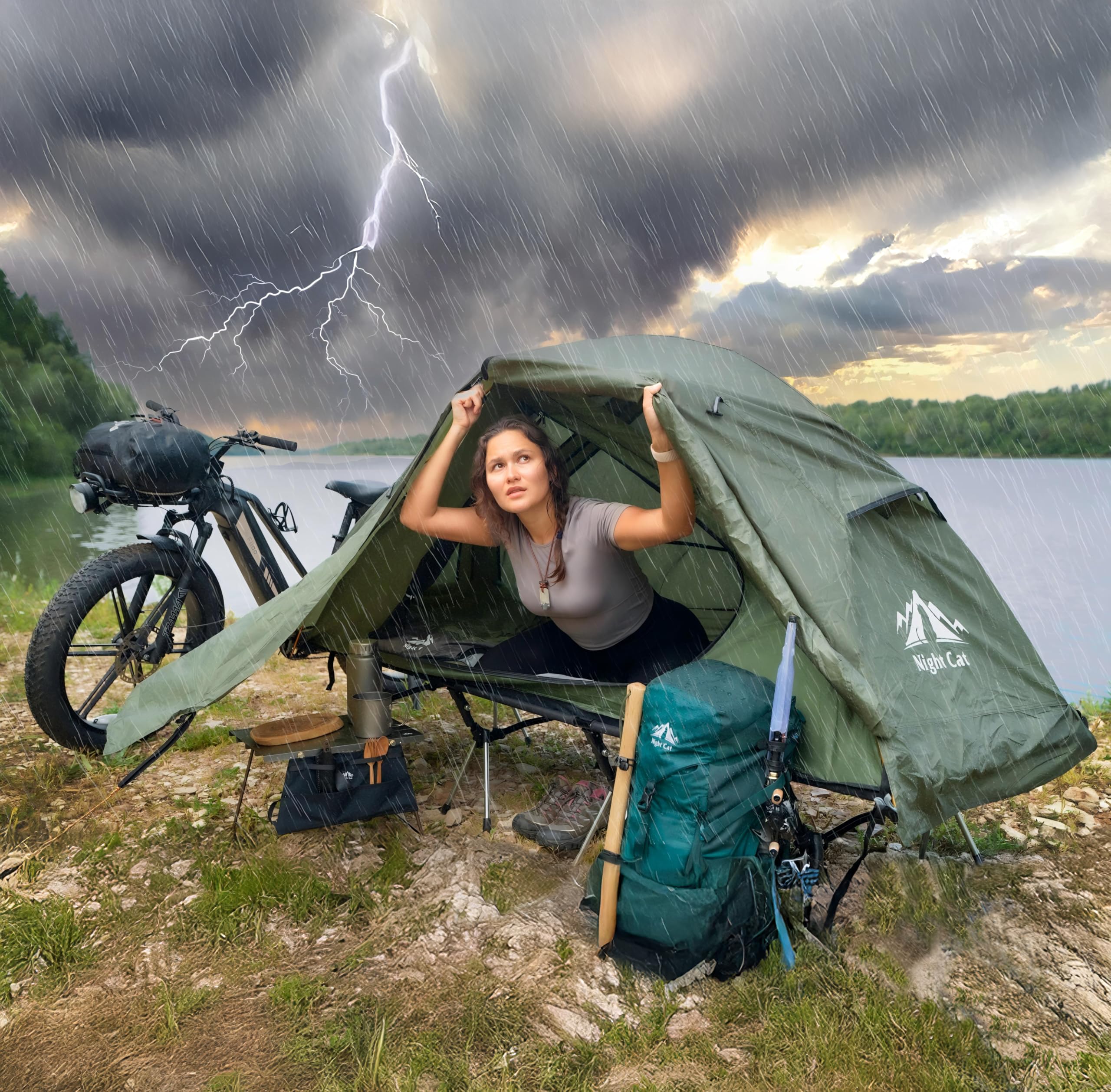 Night Cat Camping Cot Tent - Waterproof 1-Person Off-Ground Combo Cot Bed For Adults Portable Easy Set-Up Tent