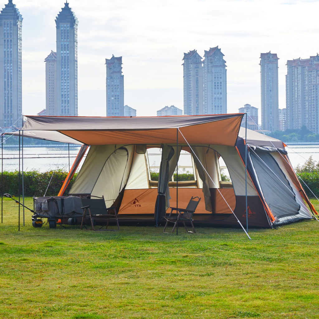 Ktt Extra Large Tent 12 Person,Awning Family Cabin Tents,2 Rooms,3 Doors And 3 Windows With Mesh,Straight Wall,Waterproof,Double