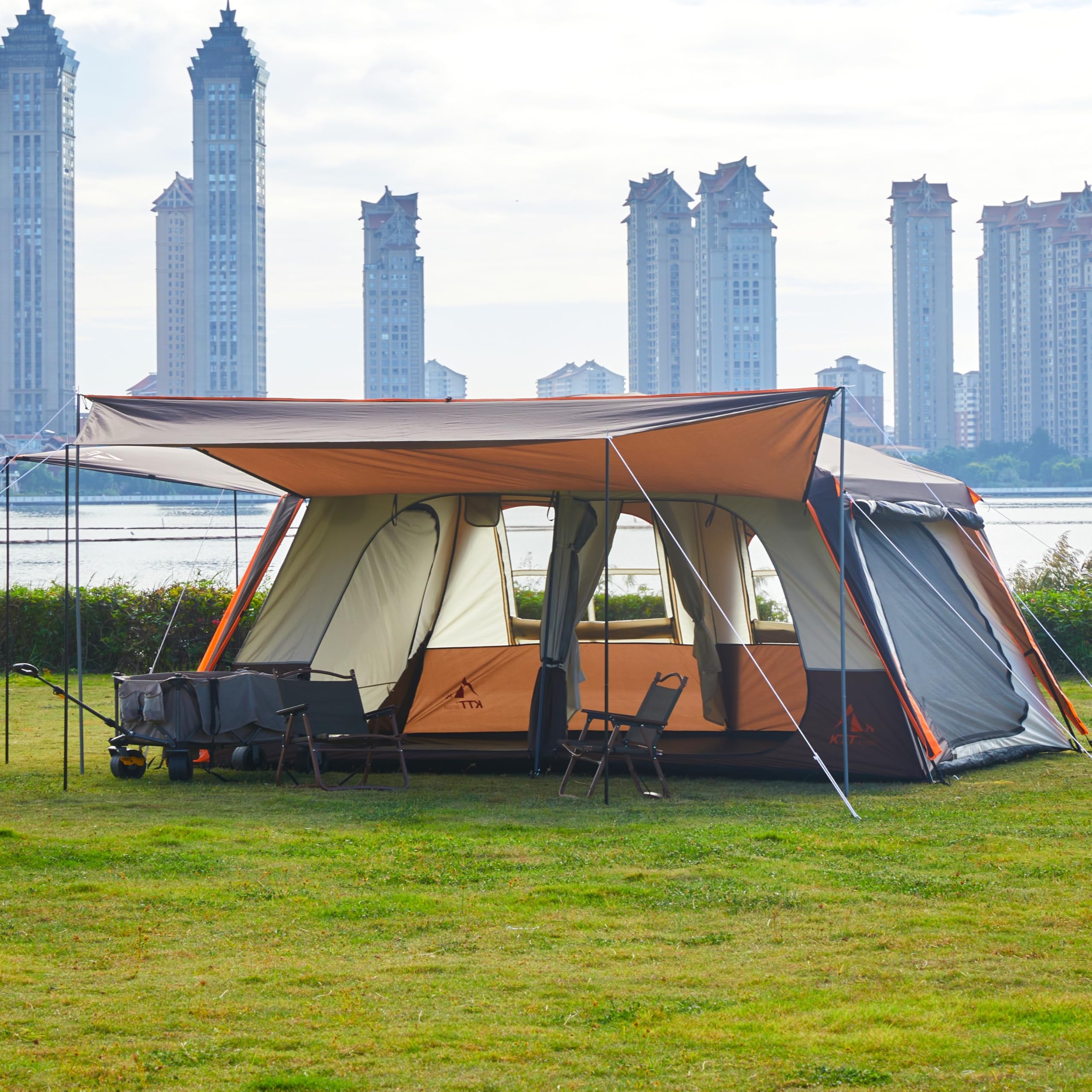 Ktt Extra Large Tent 12 Person(A),Awning Family Cabin Tents,2 Rooms,3 Doors And 3 Windows With Mesh,Straight Wall,Waterproof,Dou