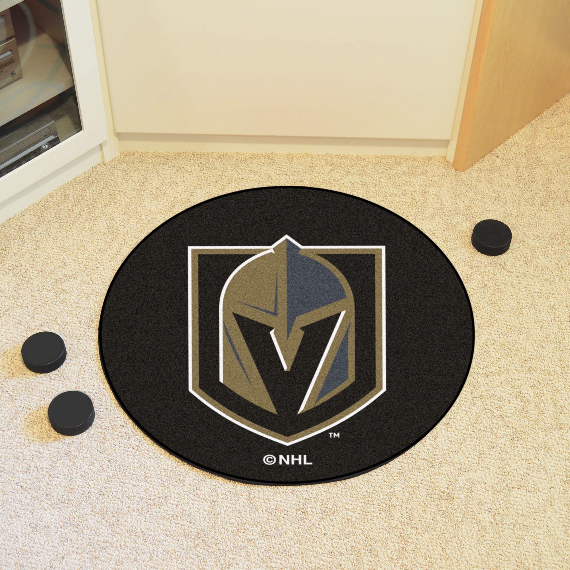 FANMATS 22915 Vegas Golden Knights Hockey Puck Shaped Rug - 27in. Diameter, Hockey Puck Design, Sports Fan Accent Rug