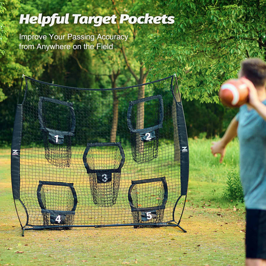 ZELUS Football Throwing Net, 7x7ft Football Training Equipment with 5 Target Pockets for Throwing and Passing Practice, Portable