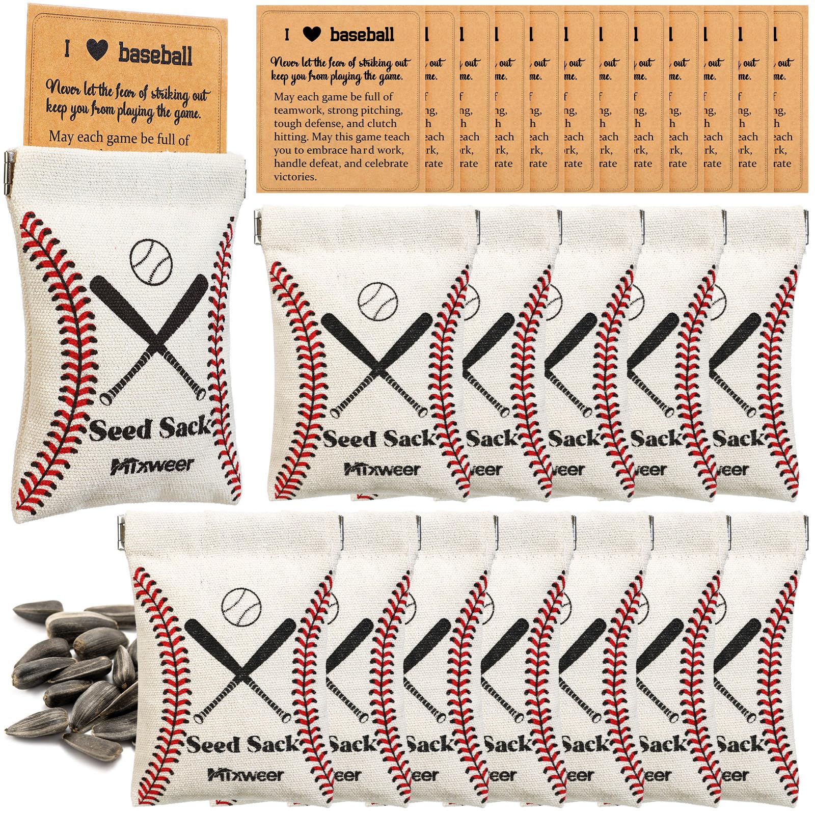 Mixweer 12 Sets Seed Pouch Bags with Message Gift Card Baseball Snack Bags Softball Seed Pouch for Players Team Gift for Field T
