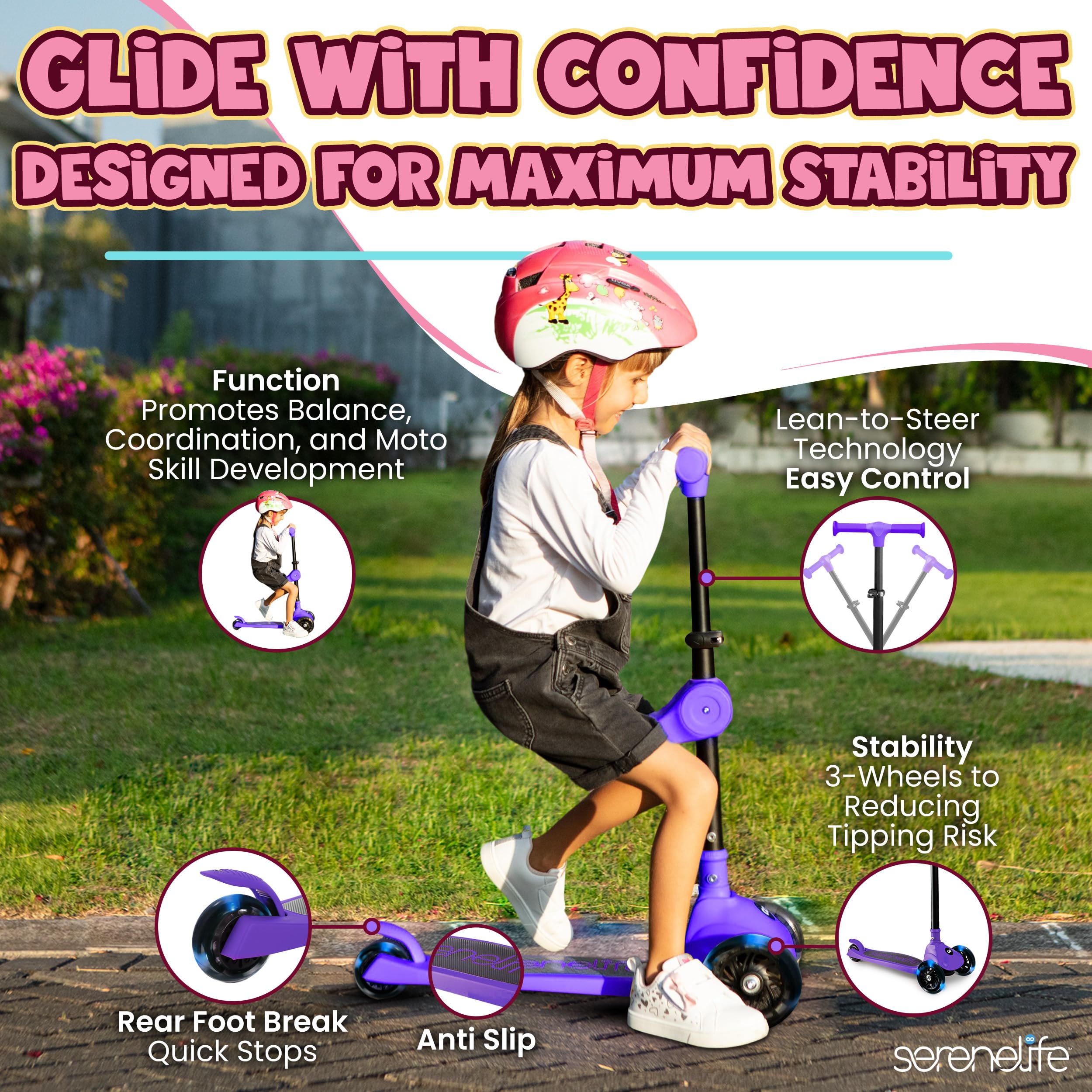 SereneLife 3 Wheel Scooter for Toddlers & Kids, Foldable Seat, LED Wheels, Adjustable Handlebar, Anti-Slip Deck, Rear Foot Brake