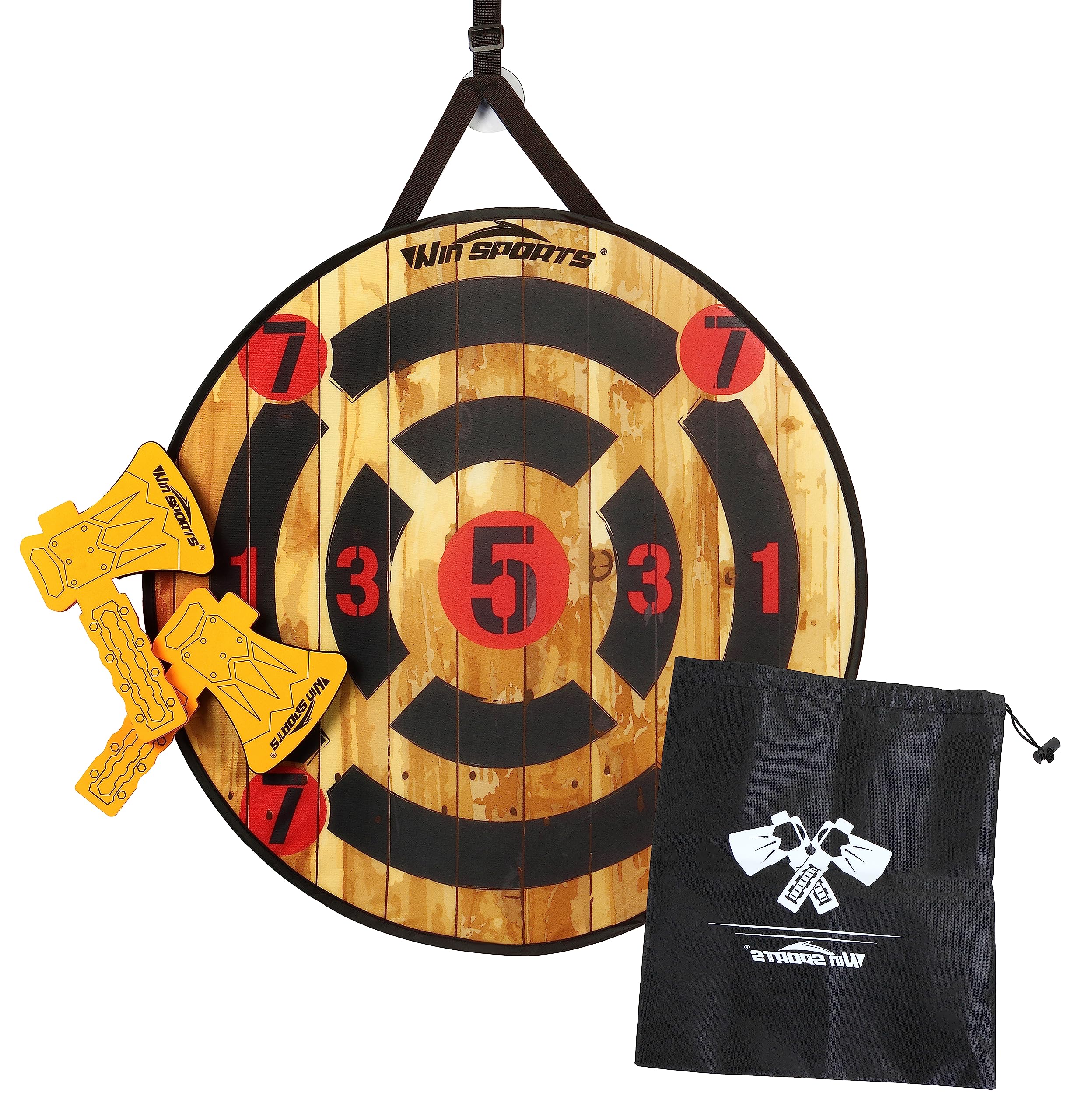 WIn SPORTS Toy Foam Axe Throwing Game - Indoor Outdoor Target Game,Includes Two Foam Axes, One 26    Easy Fold Target and A Carr