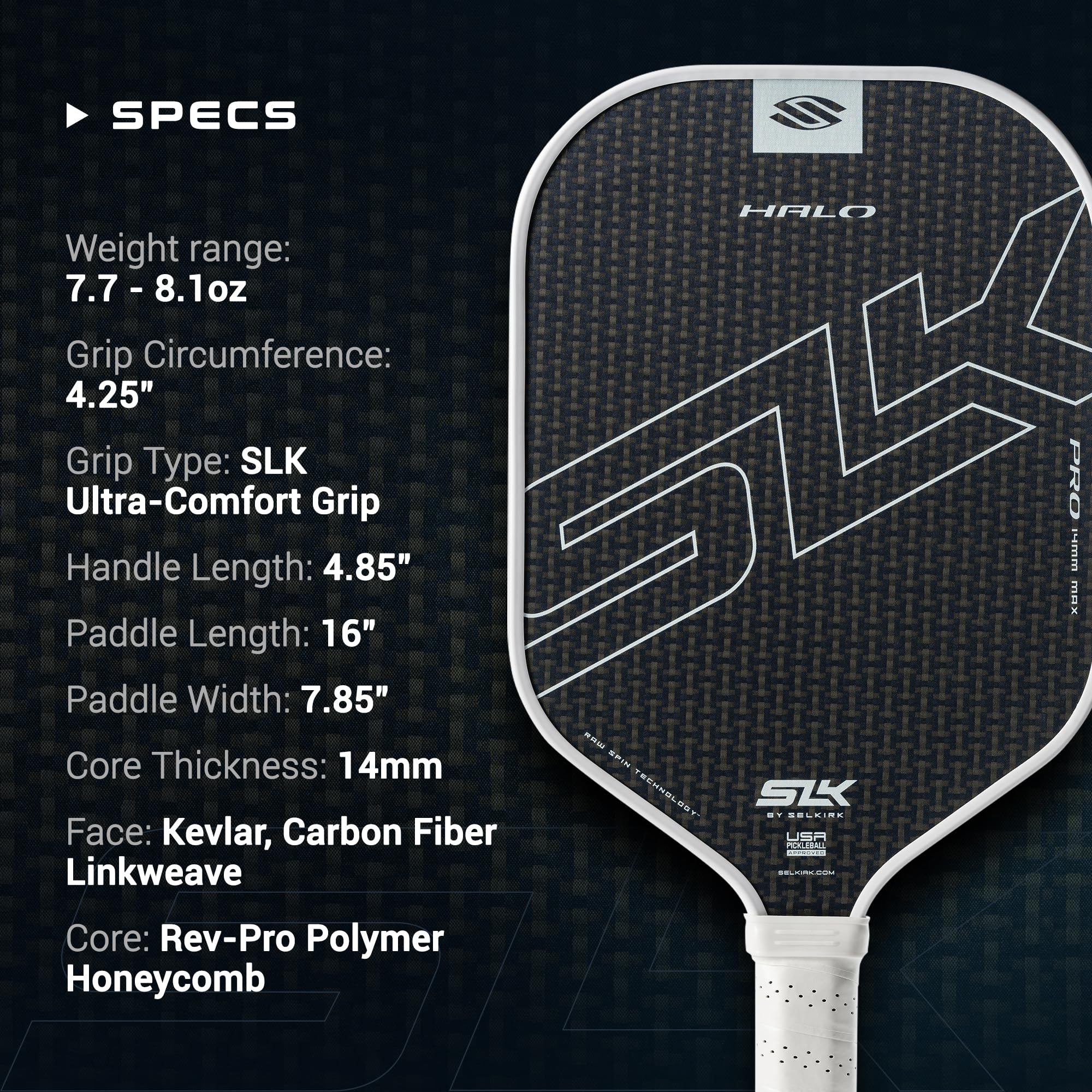 Selkirk Slk Halo Pro Max Pickleball Paddle | Raw Carbon Fiber Pickleball Paddle With A Rev-Core Power Polymer Core | The Pickleb
