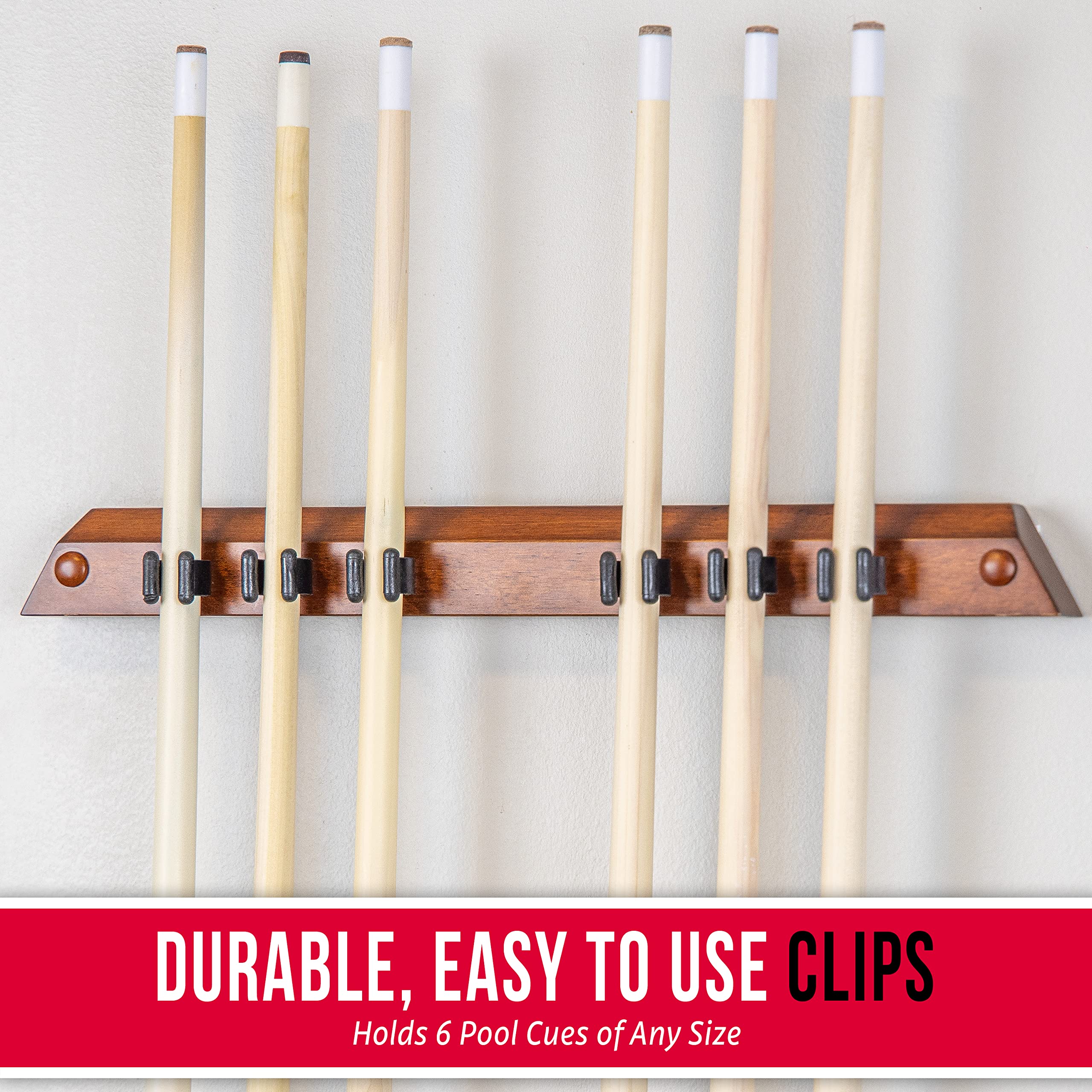 Gosports Wall Mounted Pool Cue Stick Holder - Holds 6 Cues And 2 Triangle Racks - Multiple Colors Available,Brown
