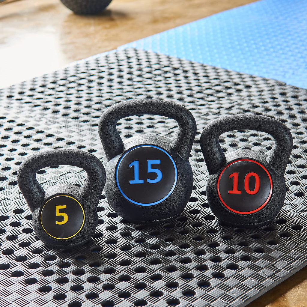 Sporzon! Wide Grip Kettlebell Exercise Fitness Weight, Set Of 3, Includes 5 Lbs, 10 Lbs, 15 Lbs, Multicolor