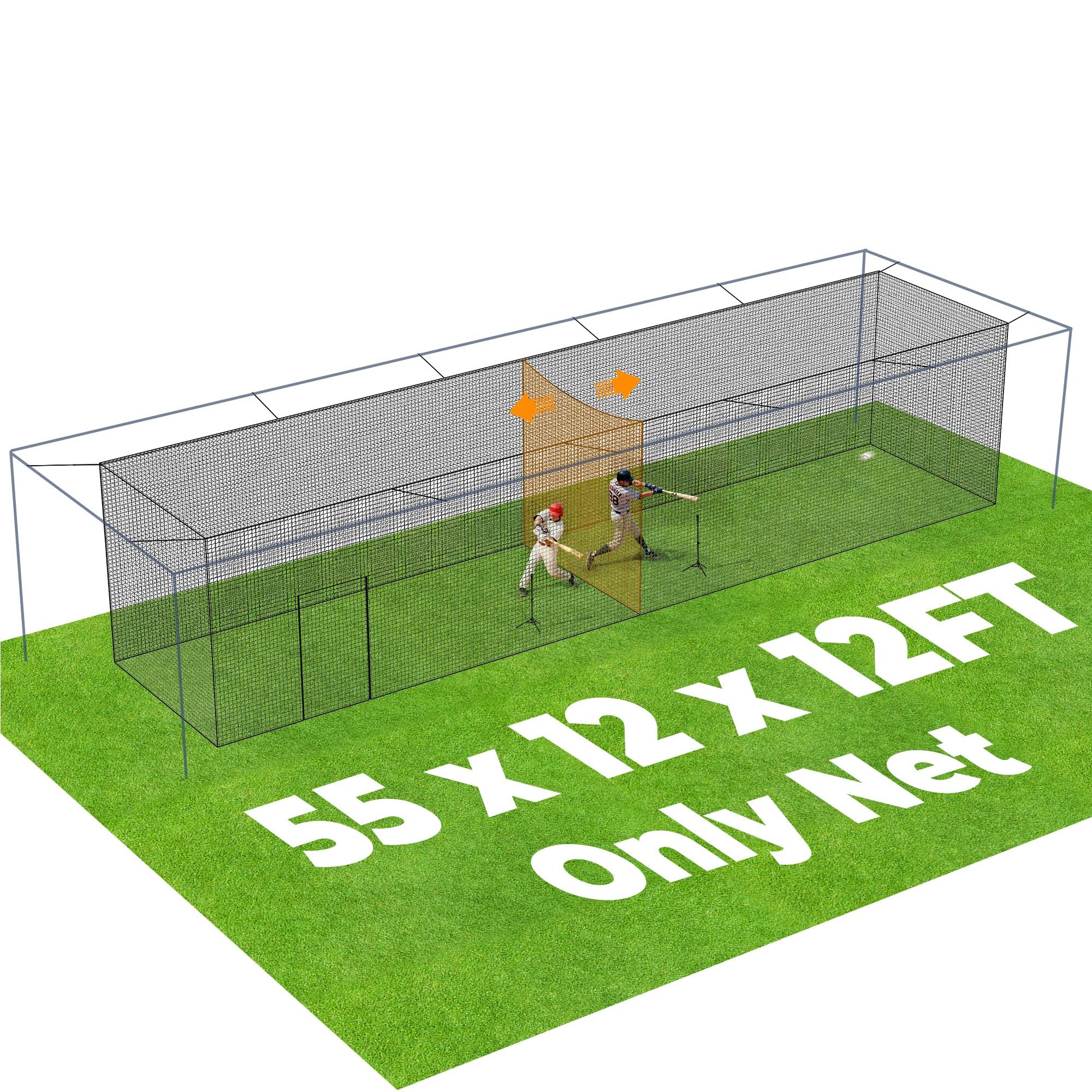 Sturdum Batting Cage Net, 55x12x12Ft Baseball & Softball Hitting cage Netting, 2-in-1 Baseball Cage Net System with Movable Inne
