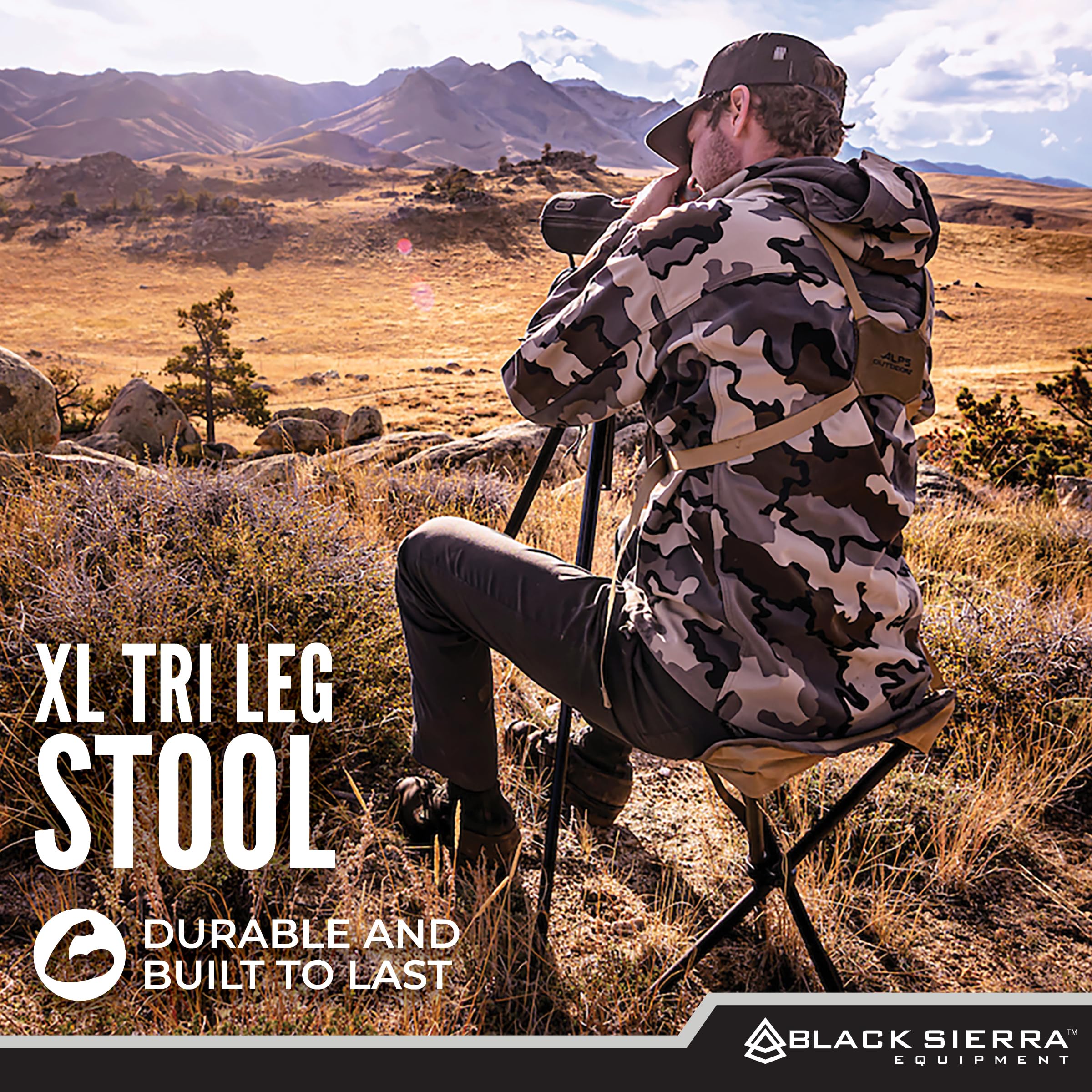 Black Sierra Folding Hunting Stool W/Shoulder Strap Supports 225 Lbs, Lightweight Collapsible Tripod Seat, Foldable Steel Frame