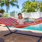 Suncreat Outdoor Hammock With Stand, Two Person Quilted Fabric Hammock Swing With 12Ft Steel Stand, Red Stripes