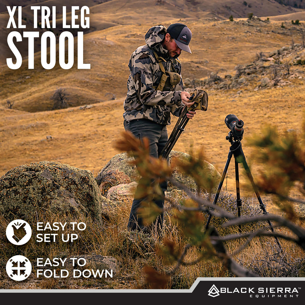 Black Sierra Folding Hunting Stool W/Shoulder Strap Supports 225 Lbs, Lightweight Collapsible Tripod Seat, Foldable Steel Frame
