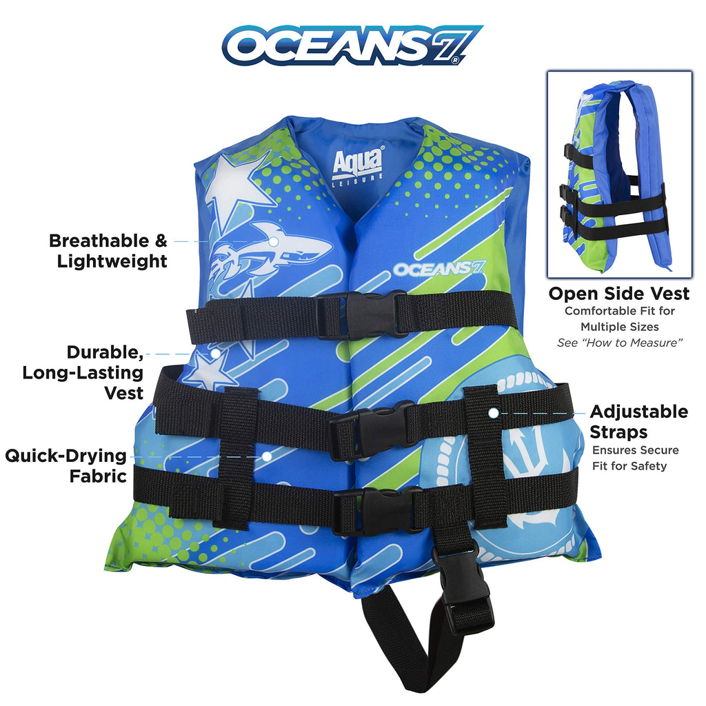 Oceans7 US Coast Guard-Approved, Type III - Kids Life Jacket - Personal Flotation Device with Comfortable Flex-Form-Fit Open-Sid