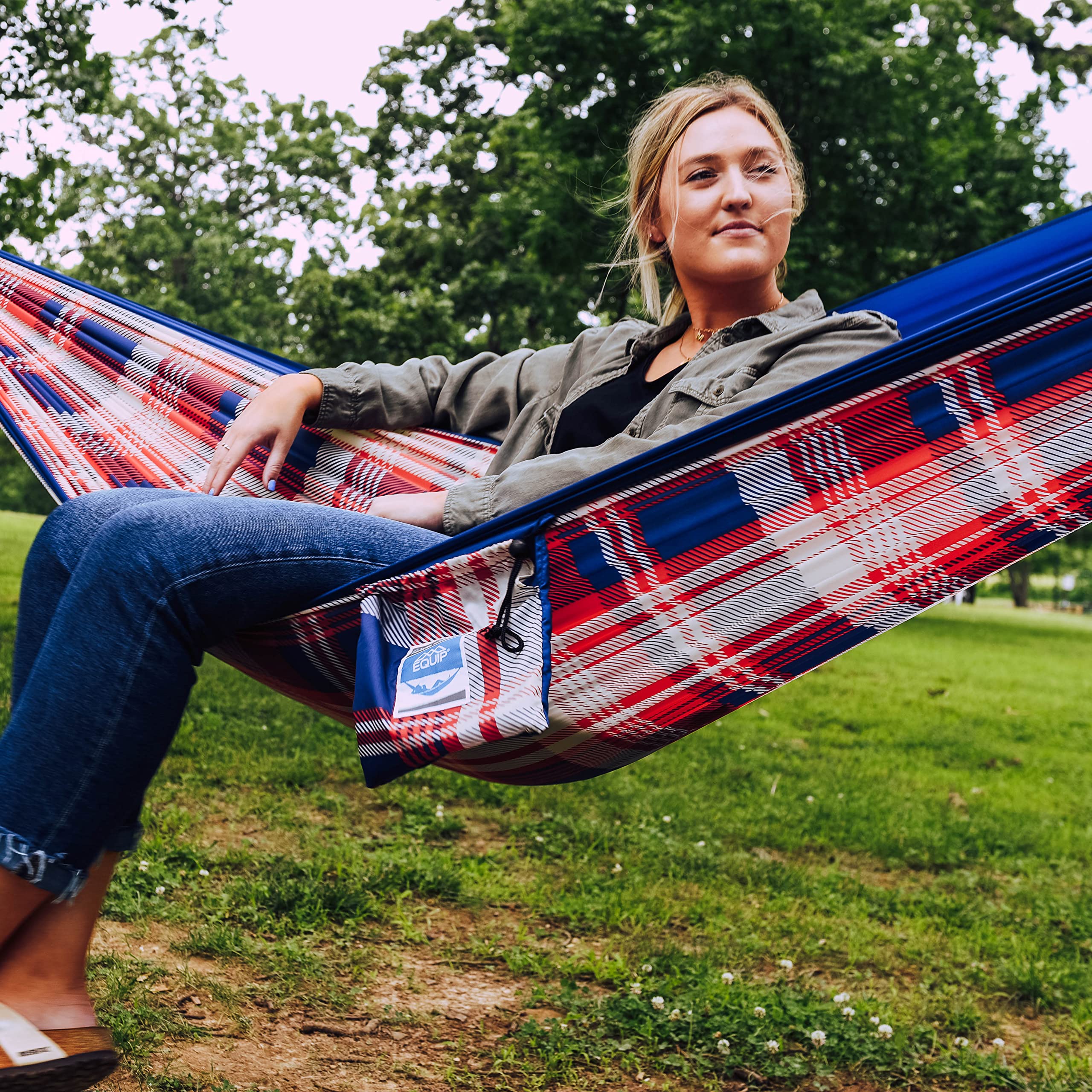 Equip Outdoors Portable Camping Hammock, Hanging Kit Included, One Person Hammock, Red White And Blue Plaid
