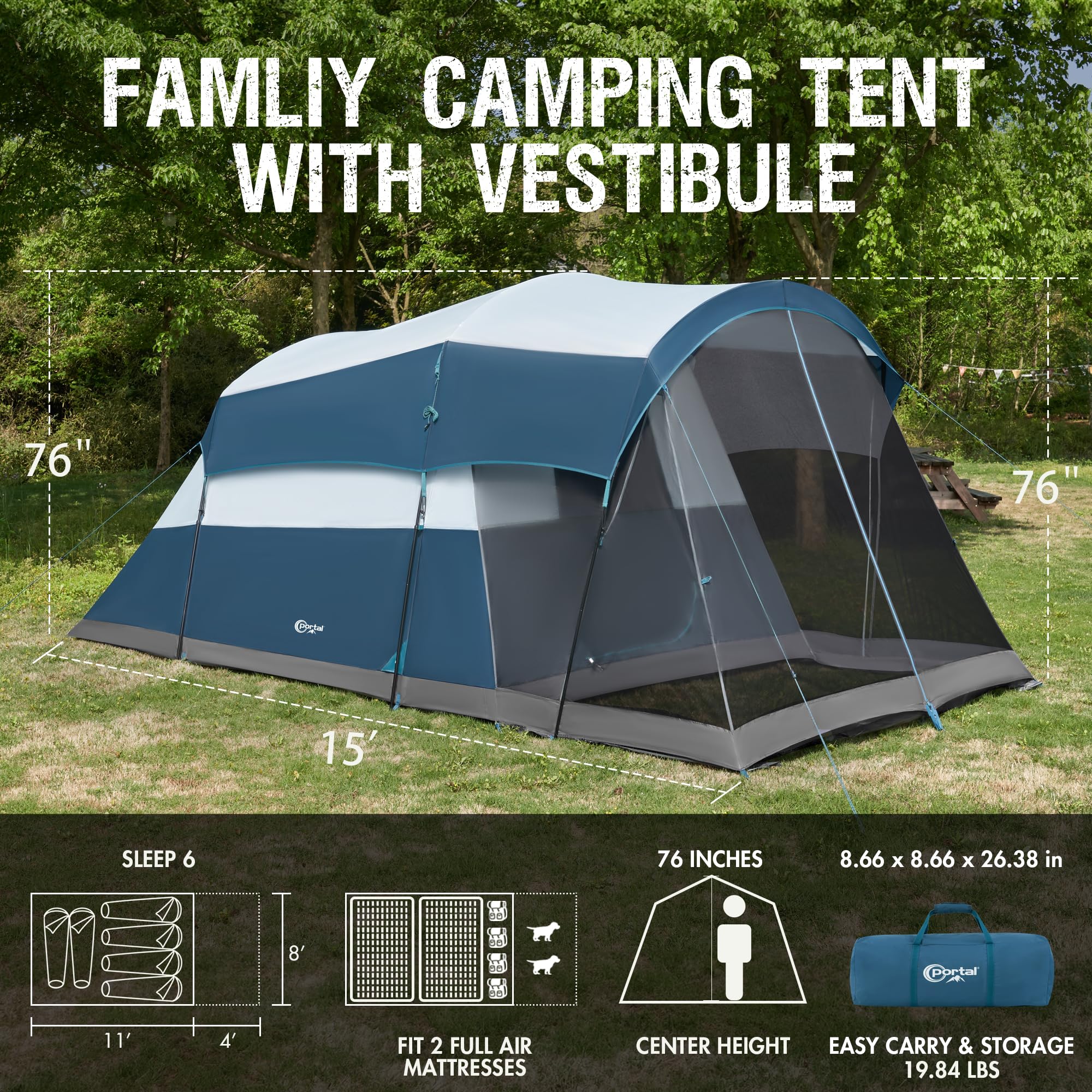 Portal 6 Person Family Camping Tents With Screen Porch, Weater Resistant 7' Tall Tent With Rainfly & Upgrated Poles, Easy Setup