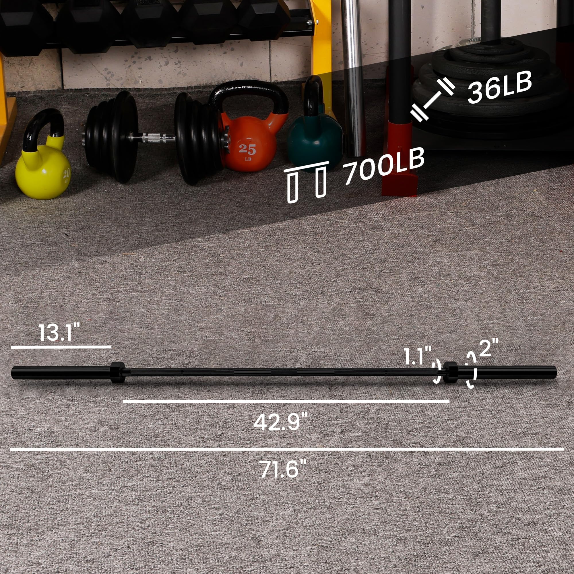 Fitvids Olympic Bar For Weightlifting And Power Lifting Barbell, 700-Pound Capacity, (6 Feet, Black
