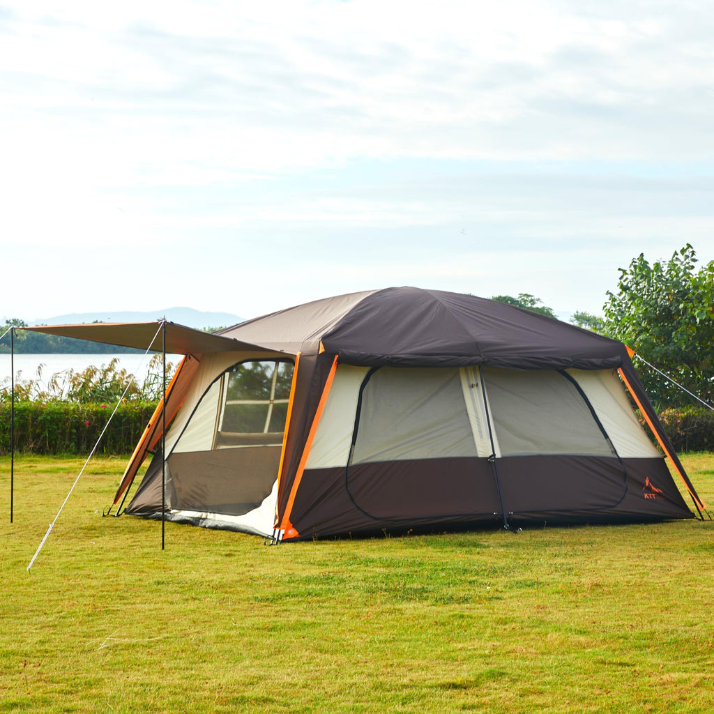 Ktt Extra Large Tent 12 Person(A),Awning Family Cabin Tents,2 Rooms,3 Doors And 3 Windows With Mesh,Straight Wall,Waterproof,Dou