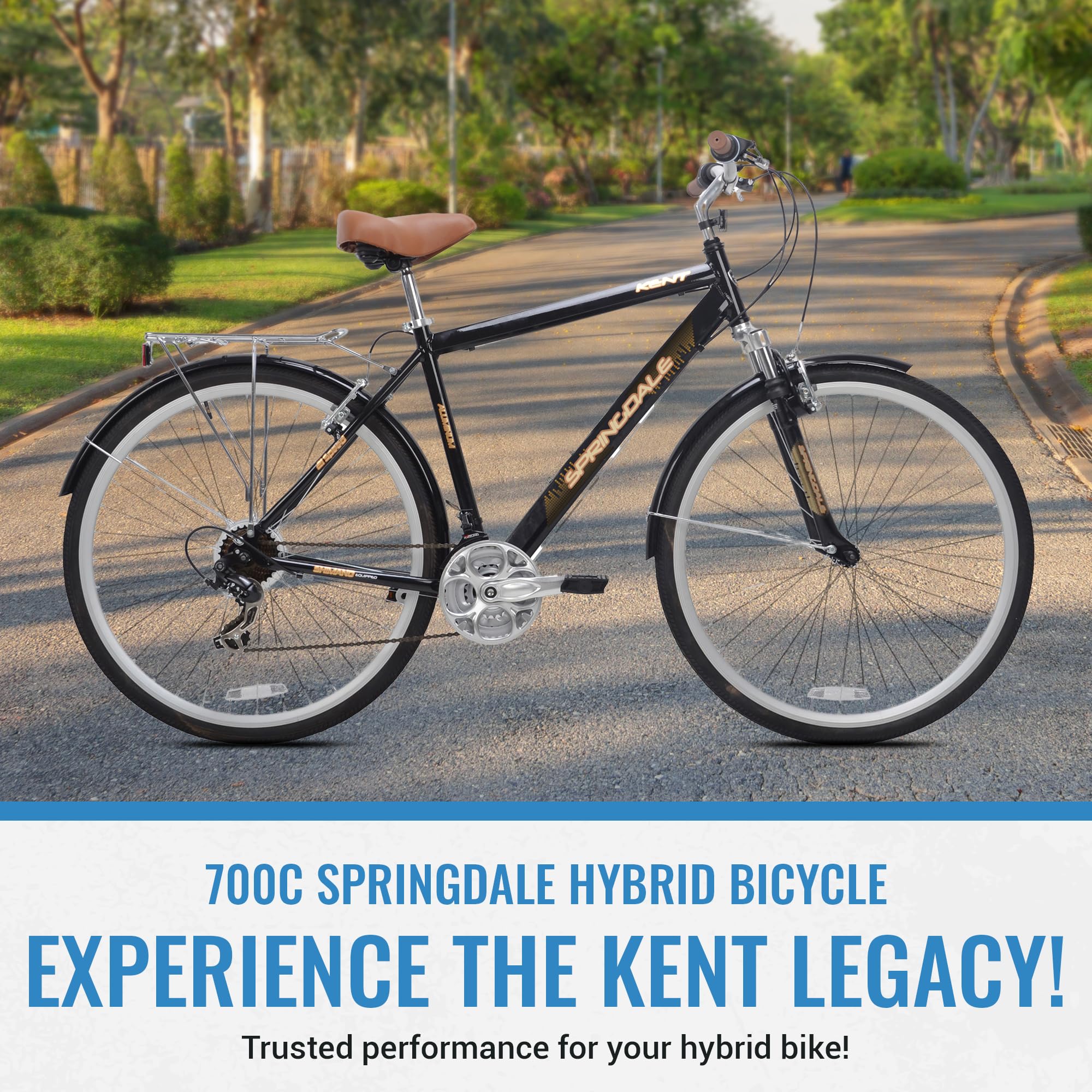Kent International Springdale Hybrid Bicycle, Black - 700C Hybrid Bike With 21-Speed Rear Shimano Derailleur Drivetrain - Lightw