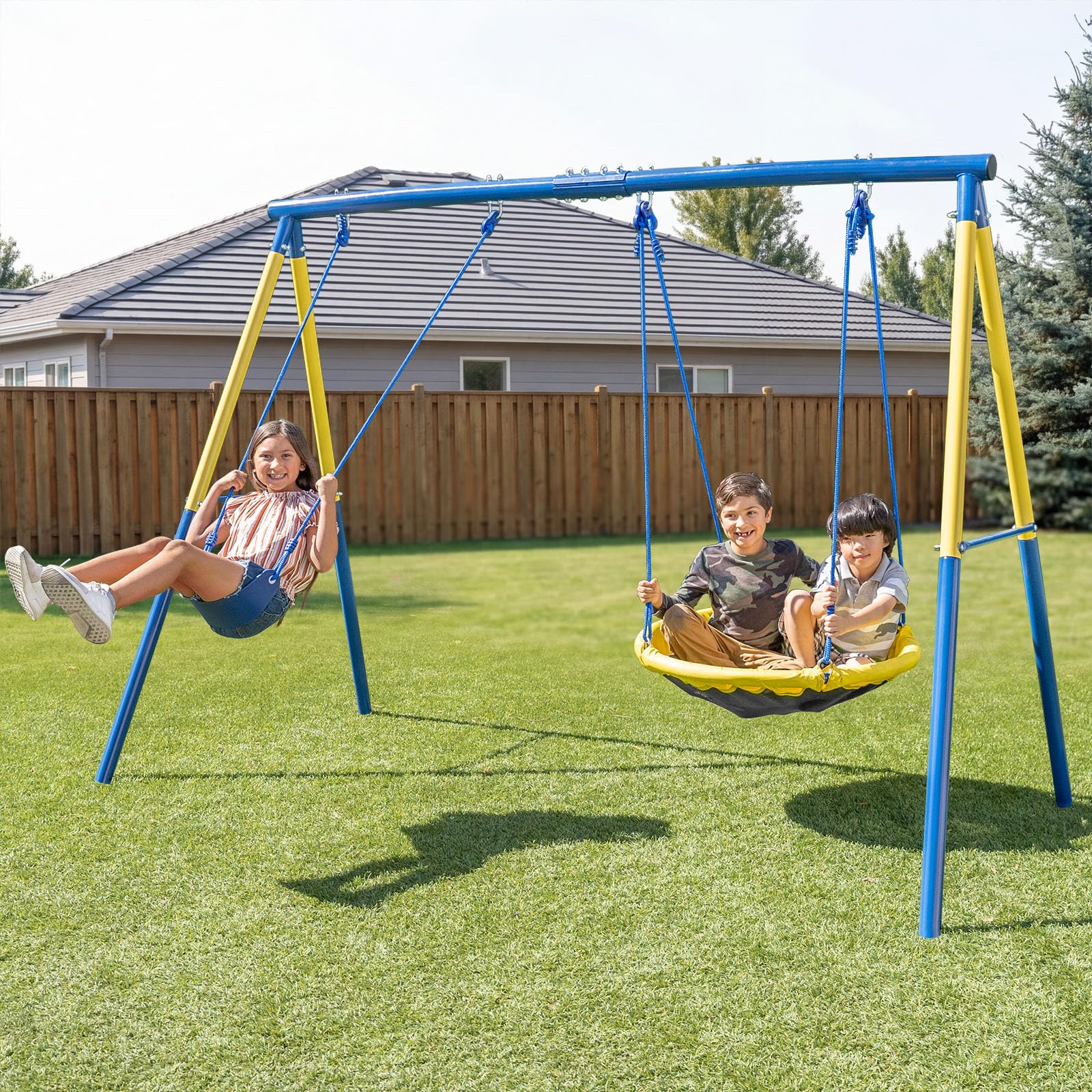 Sportspower My 1st Swing & Saucer Outdoor Playset for Backyard, Belt Swing & 32 Saucer Swing, 300lbs 6.17FT Heavy-Duty Metal A-F