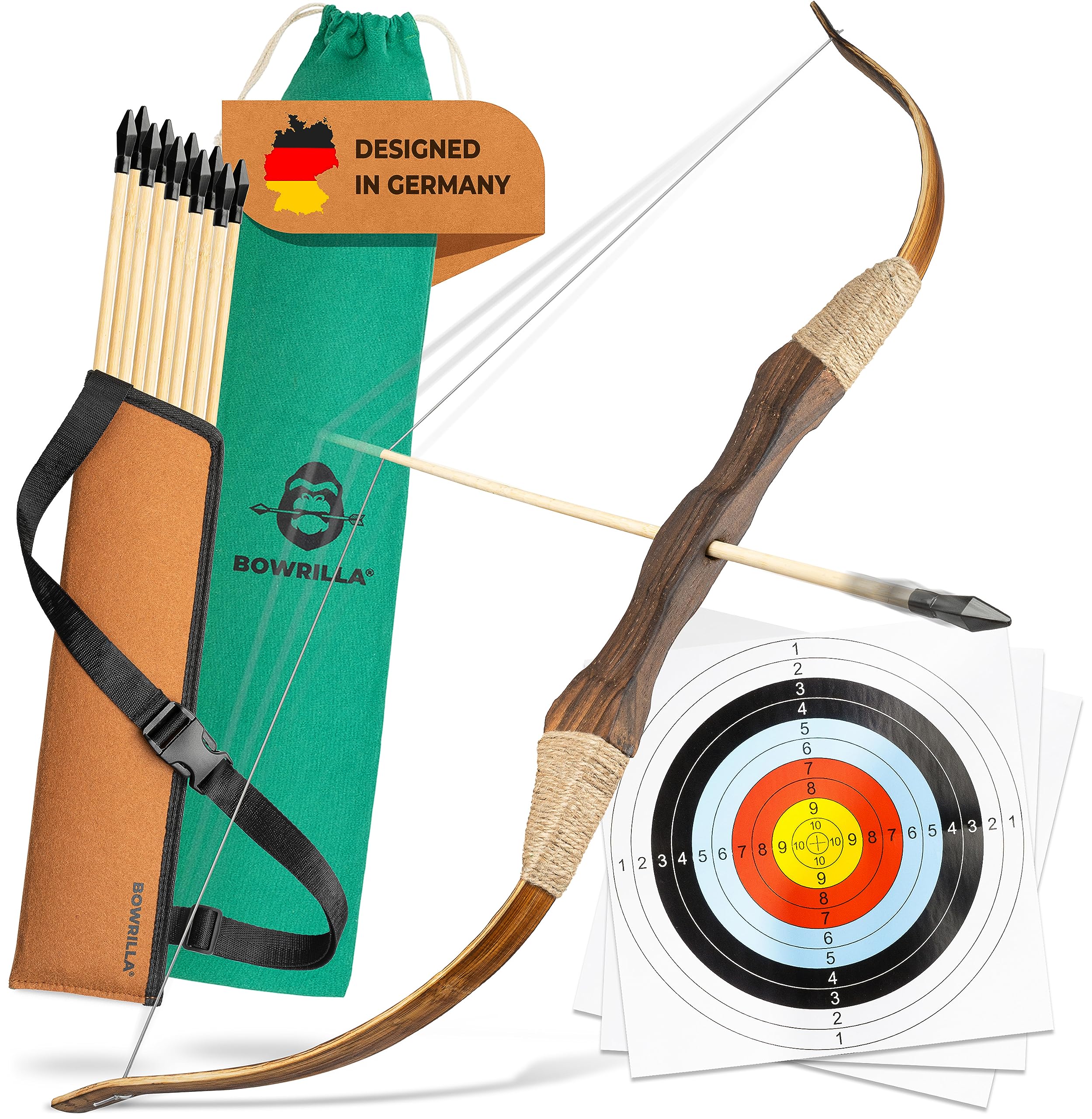 BOWRILLA Wooden Bow and Arrow for Kids with 10 Arrows, Quiver, 3 Targets & Storage Bag | Kids Bow and Arrow Set for Right- and L
