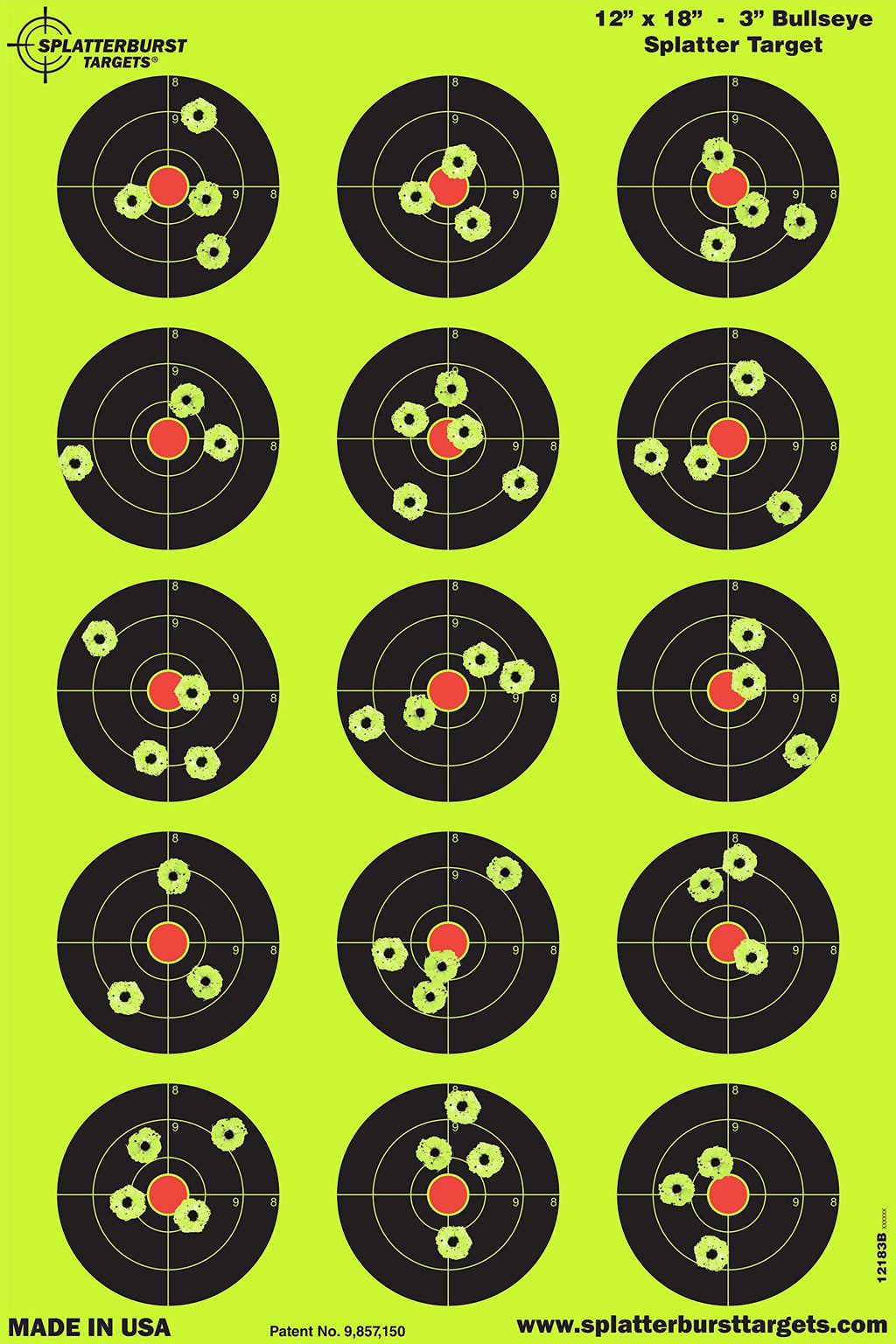 Splatterburst Targets - 12 X18 Inch - 3 Inch Bullseye Splatter Target - Easily See Your Shots Burst Bright Fluorescent Yellow Up