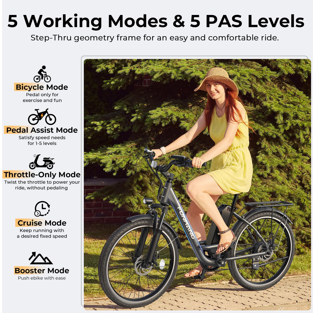 Funhang Electric Bike For Adults, 1000W Peak Ebike, 21.7Mph 50Miles City Cruiser Ebikes, 26 Step Thru Electric Bicycle With 48V