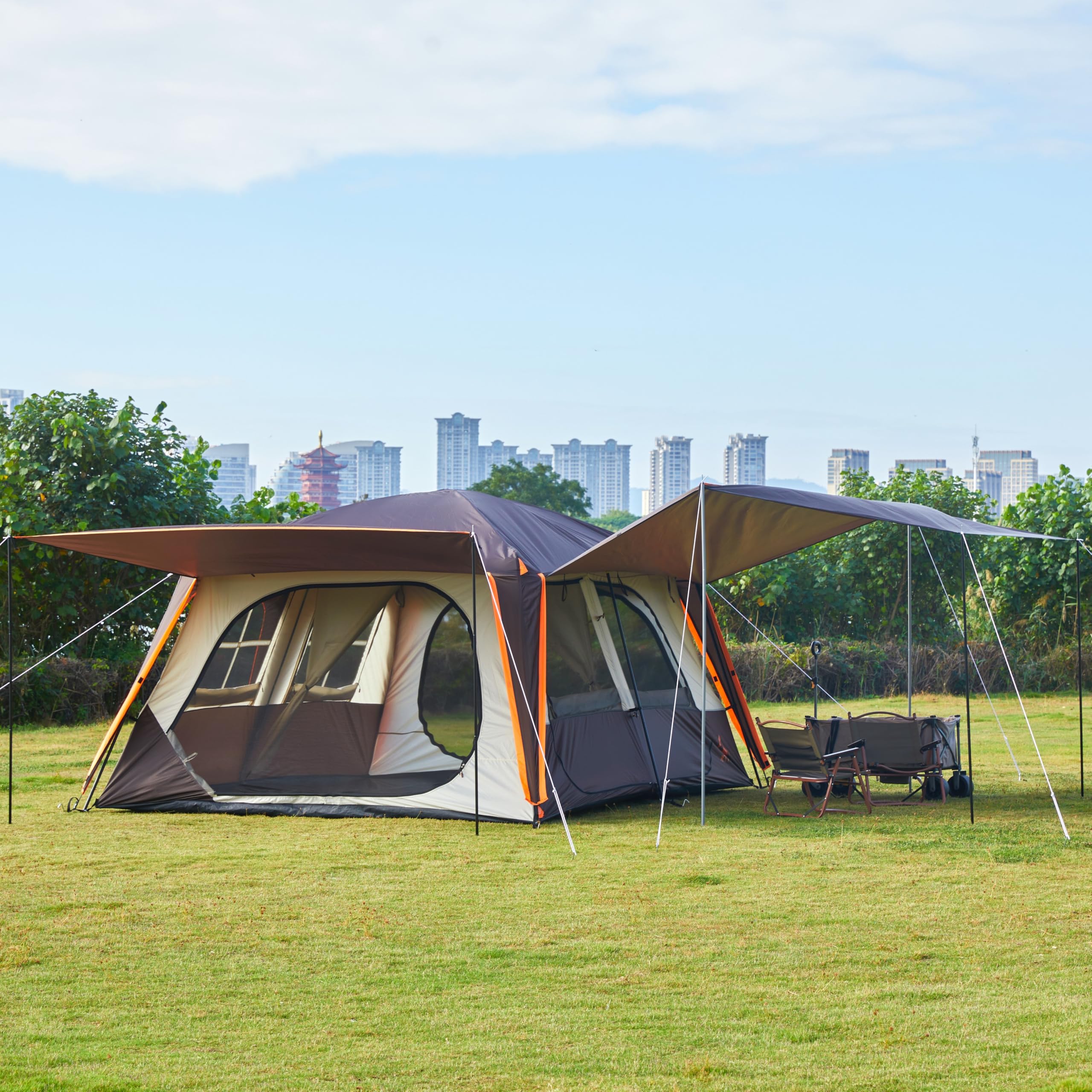 Ktt Extra Large Tent 12 Person,Awning Family Cabin Tents,2 Rooms,3 Doors And 3 Windows With Mesh,Straight Wall,Waterproof,Double