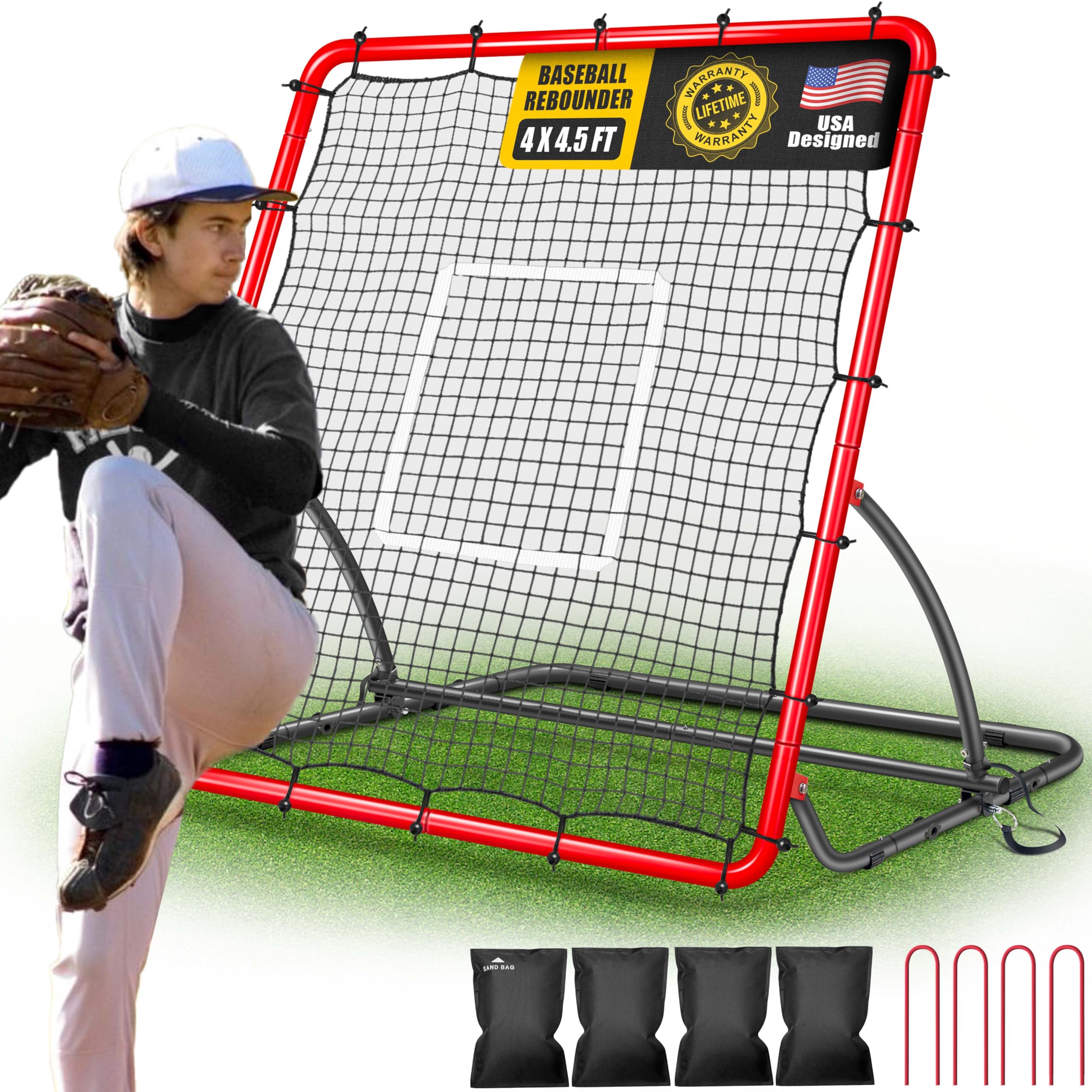 TELURY Heavy Duty Baseball Rebounder Net 4x4.5 FT Pitchback with 3 Adjustable Angles, Baseball and Softball Bounce Back Net for 