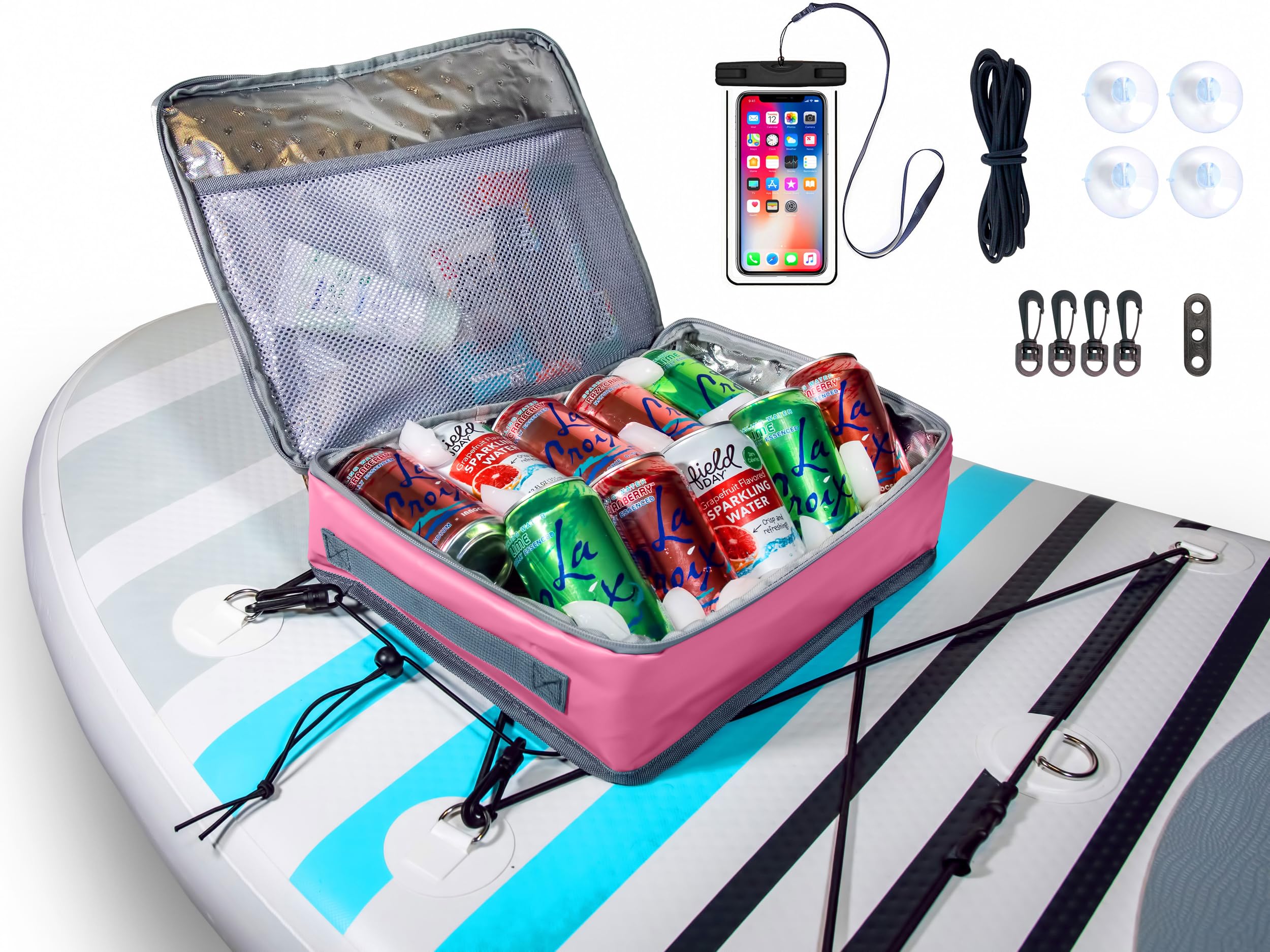SUP-Now Paddle Board Accessories Cooler with Waterproof Phone Case - Essential SUP Accessories for Paddleboarding (Gray and Pink