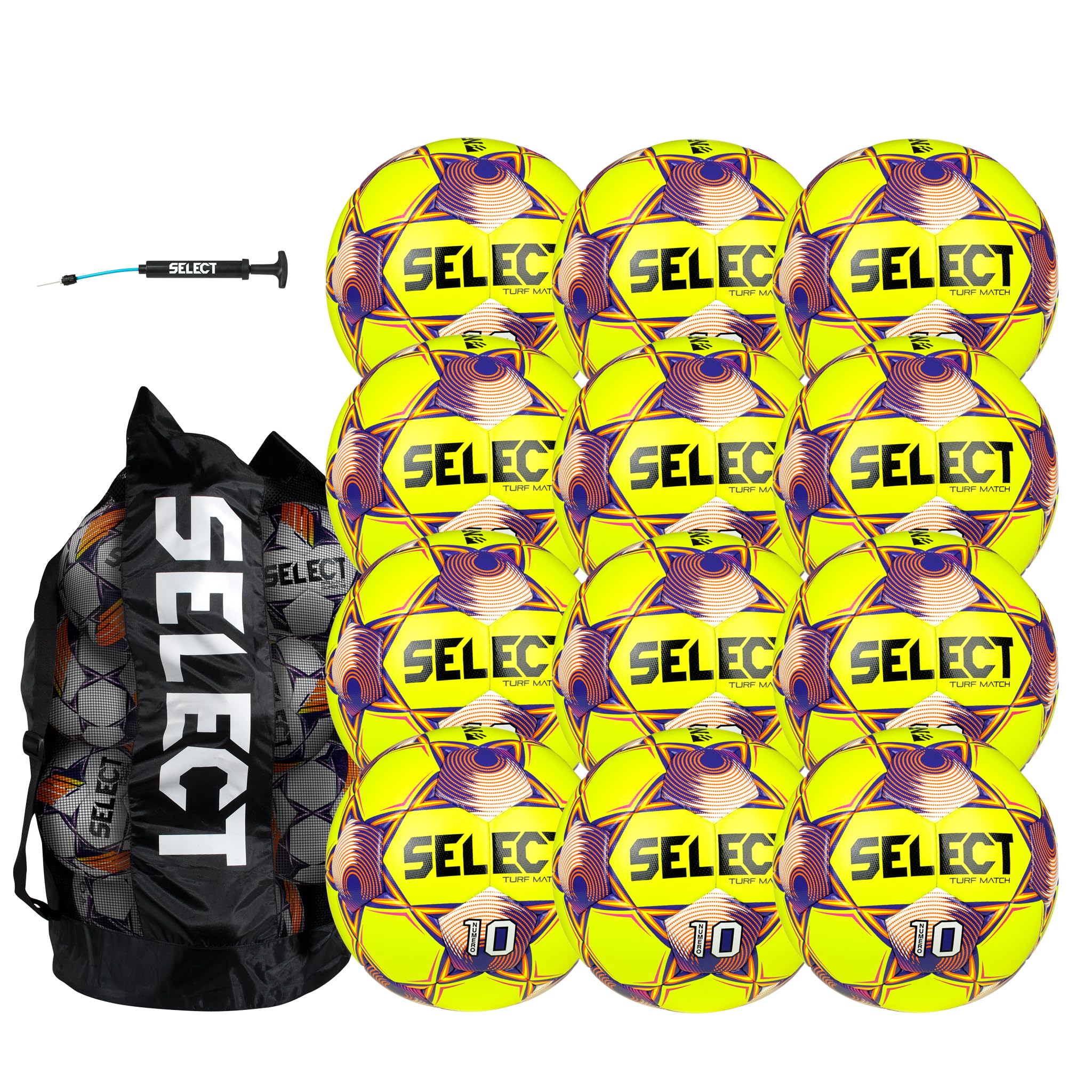 Select Numero 10 Turf Match Soccer Ball, 12-Ball Pack with Duffle Ball Bag and Hand Pump, Yellow/Orange/Purple NFHS V25, Size 5