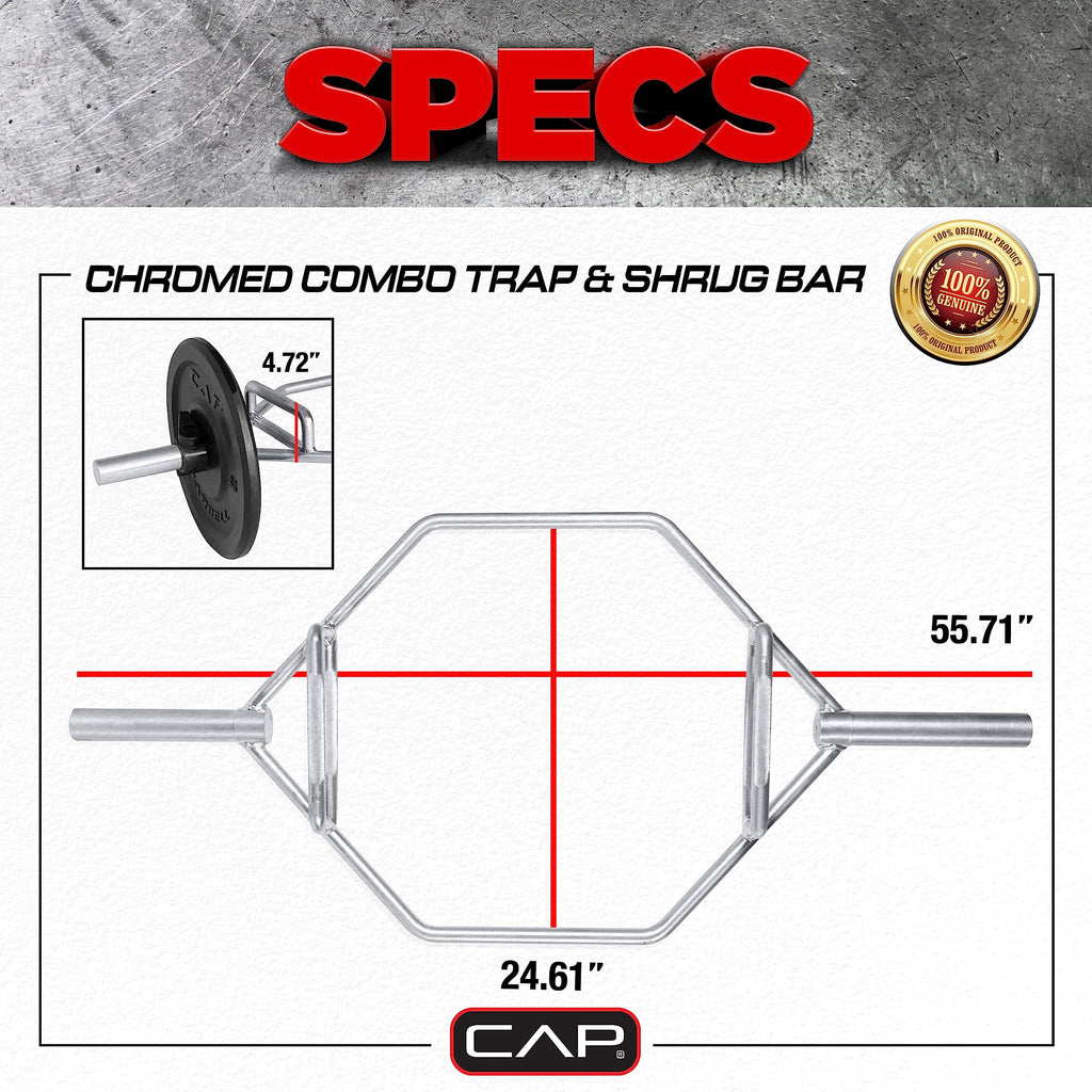 Cap Barbell Olympic Hex Bar, Trap Bar, Shrug Bar, Deadlift Bar With Combo Grips, Chrome - New Version (Obis-89Hc)