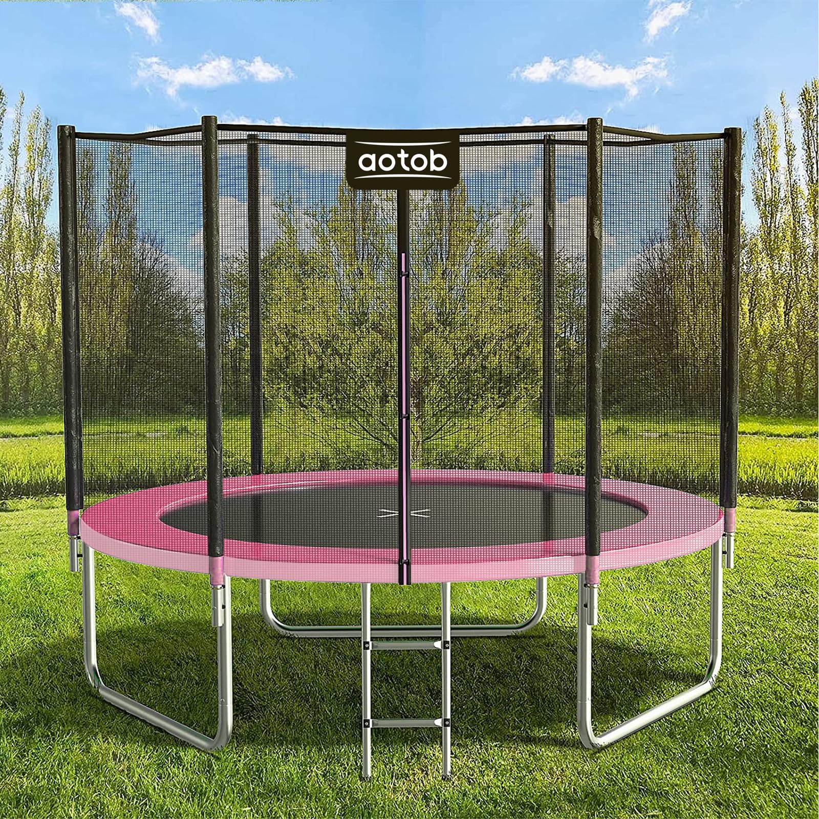 AOTOB 8 FT Trampoline Safety Enclosure Net Combo Bounce Jump for Kids Outdoor with Spring Pad Waterproof Jump Mat & Ladder (Pink