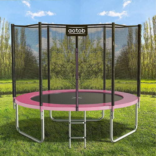 AOTOB 8 FT Trampoline Safety Enclosure Net Combo Bounce Jump for Kids Outdoor with Spring Pad Waterproof Jump Mat & Ladder (Pink
