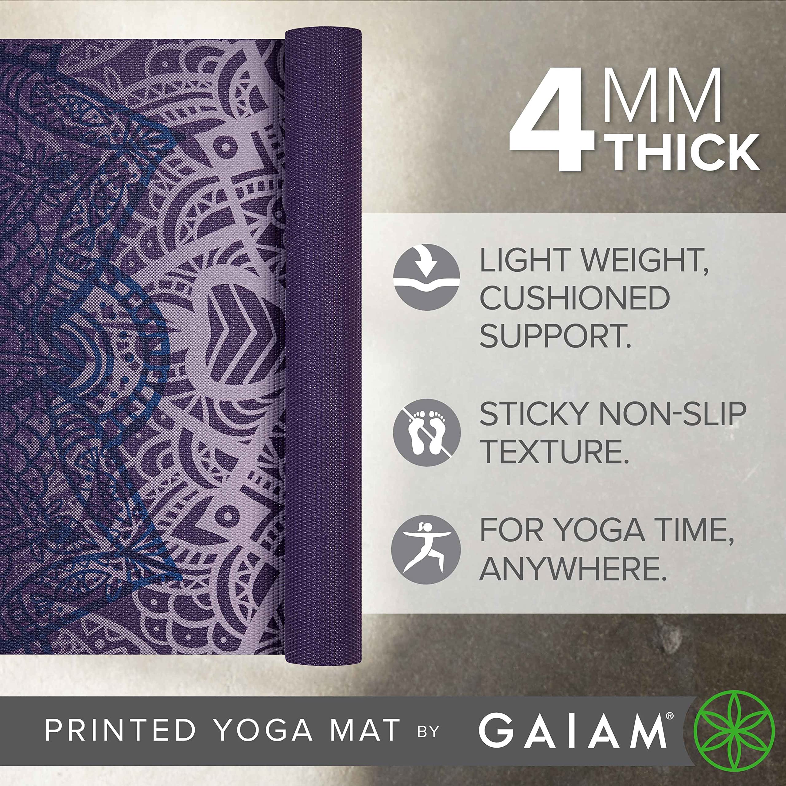 Gaiam Yoga Mat Classic Print Non Slip Exercise & Fitness Mat For All Types Of Yoga, Pilates & Floor Workouts, Purple Lattice, 4M