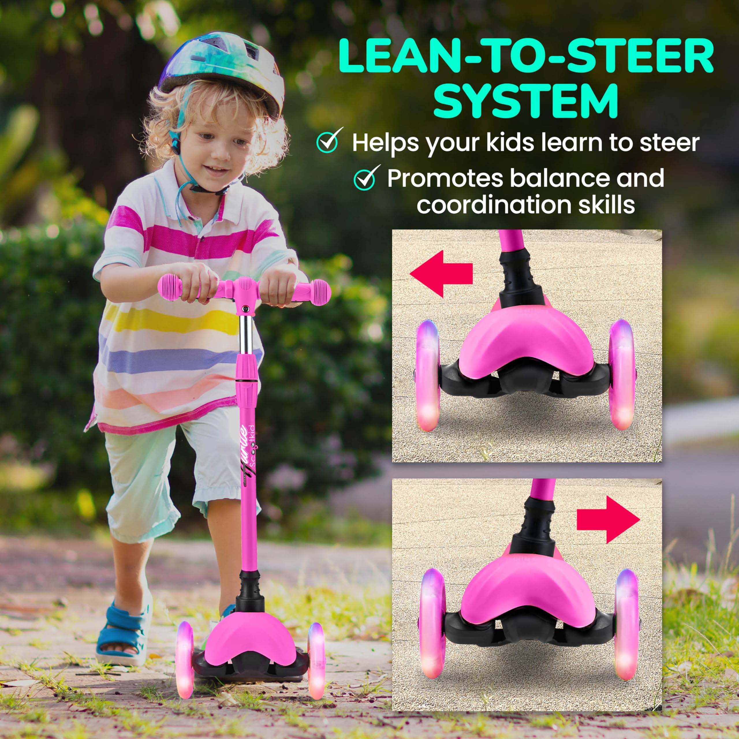 Hurtle Mini Kickboard Scooter for Kids - Height Adjustable 25-28, Lightweight 3-Wheel with LED Light-up Wheels, Anti-Slip,In