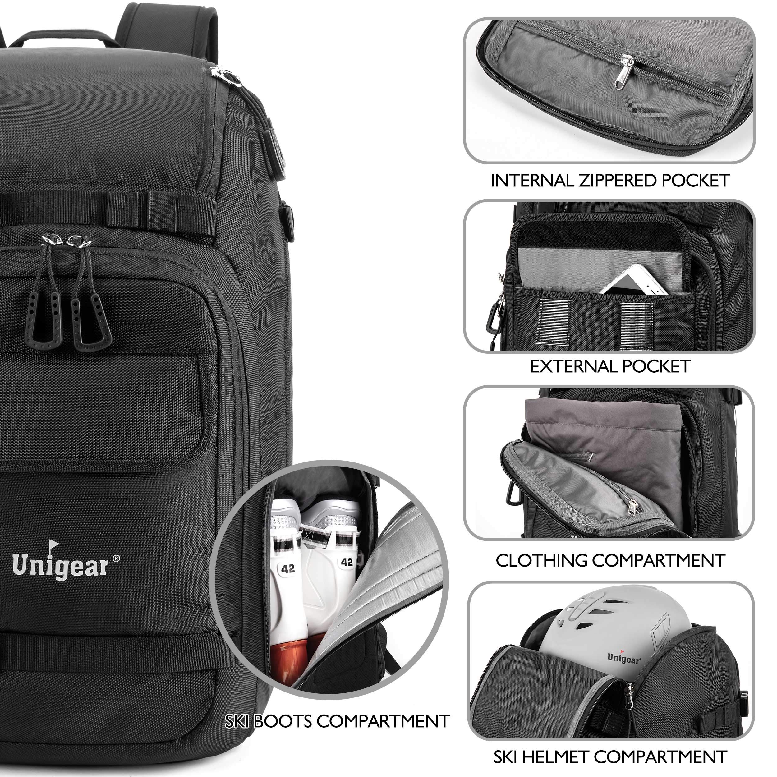 Unigear Ski Boot Bag, 50L Ski Boot Travel Backpack For Ski Helmet, Goggles, Gloves, Skis, Snowboard & Accessories (Black)