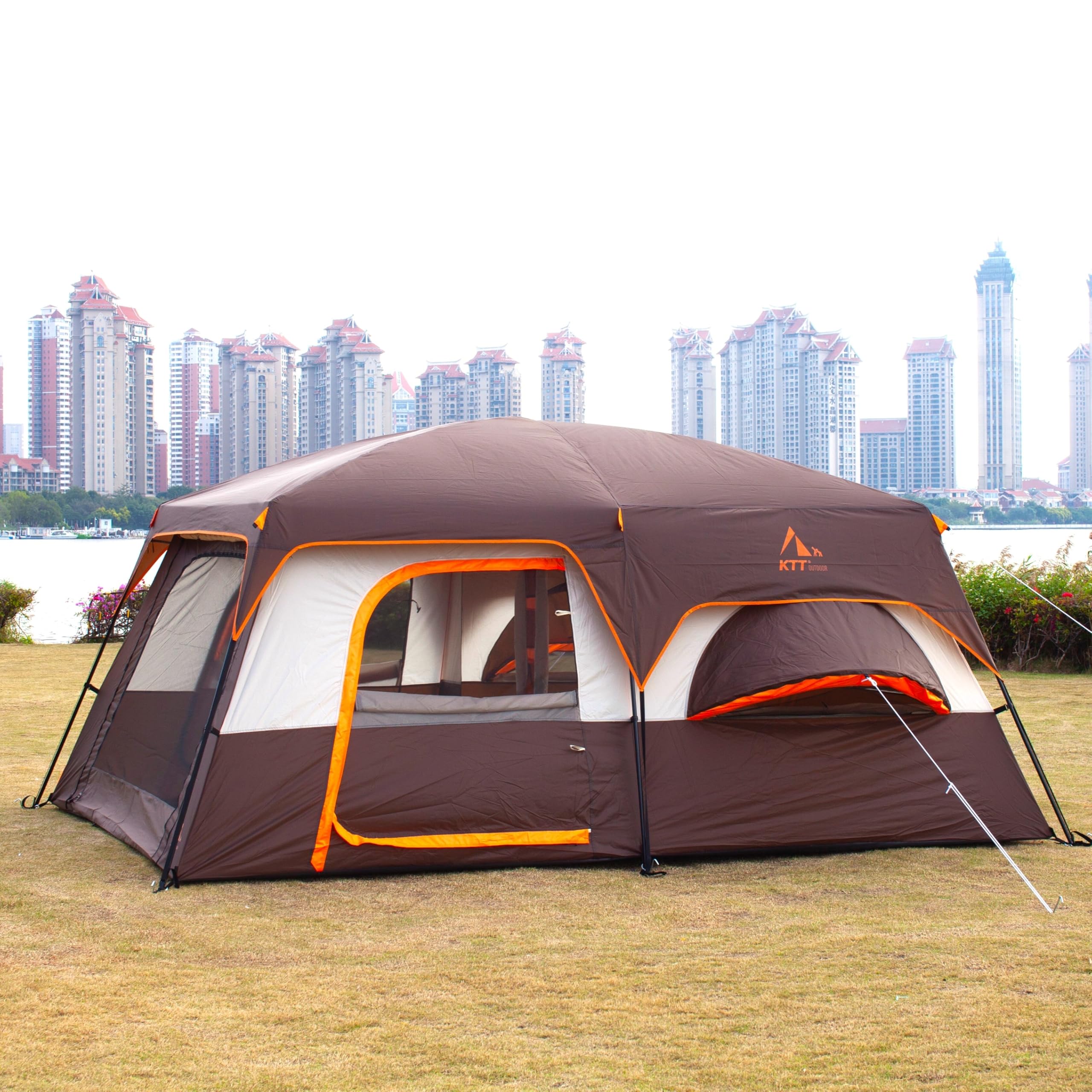 Ktt Large Family Cabin Tent 10-12 Person,2 Rooms,3 Storage Pockets,2 Bay-Windows 3 Doors And 3 Windows With Mesh,Straight Wall,W