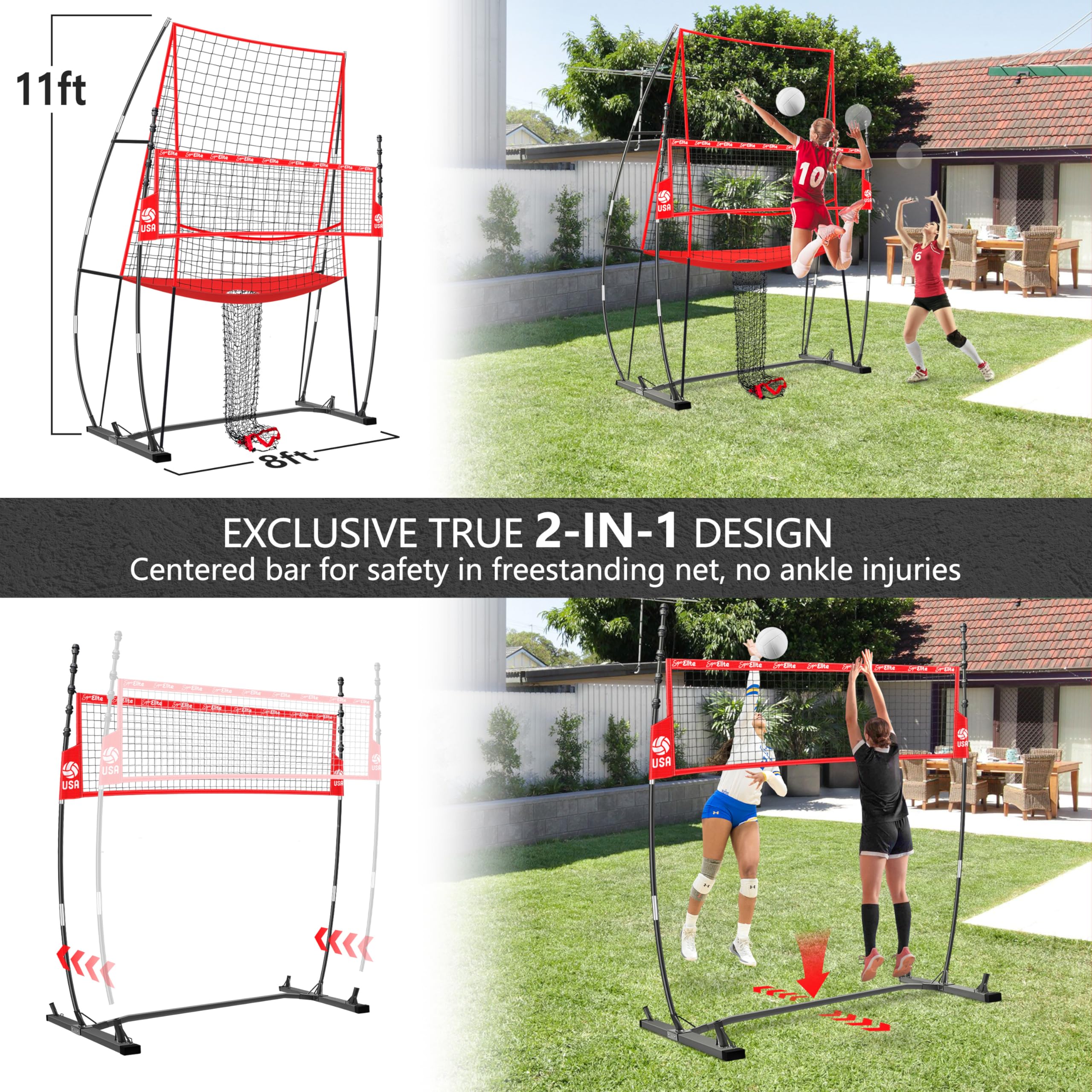 Jolorly 2-In-1 Volleyball Practice Net Station With Patented 5-Height (6'6'' To 8'), Heavy Duty Training System For Hitting Spik