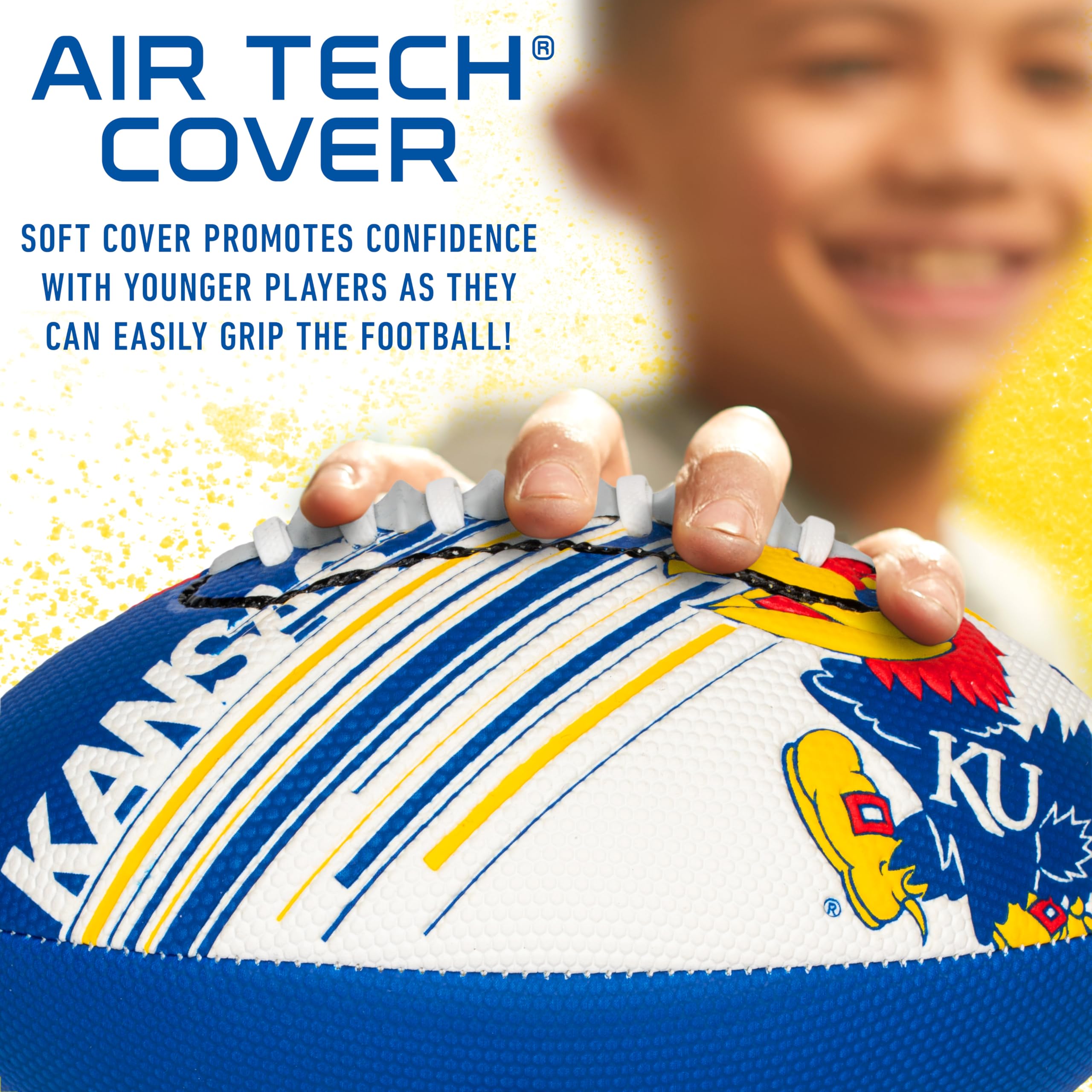 Franklin Sports Kansas Jayhawks Foam Football - Youth Mini Football For Kids - 8.5'' Junior Soft Foam Ball - Spacelace Easy Grip