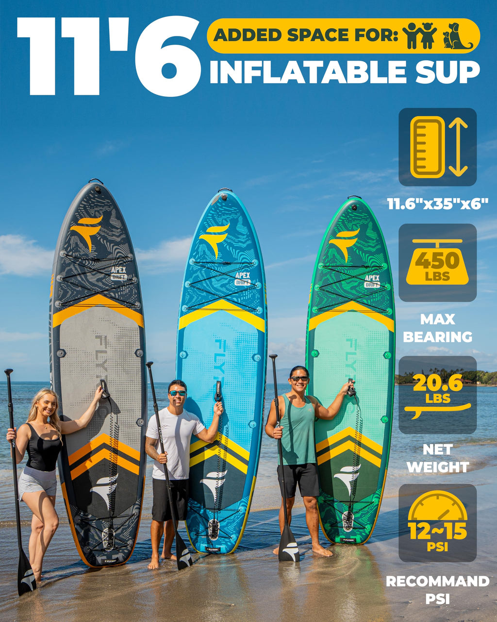 Flyroc 11'6X35'' Extra Wide Inflatable Paddle Board, 450Lb Capacity Stand Up Paddle Board For Adults (X3), Stable Inflatable Sup