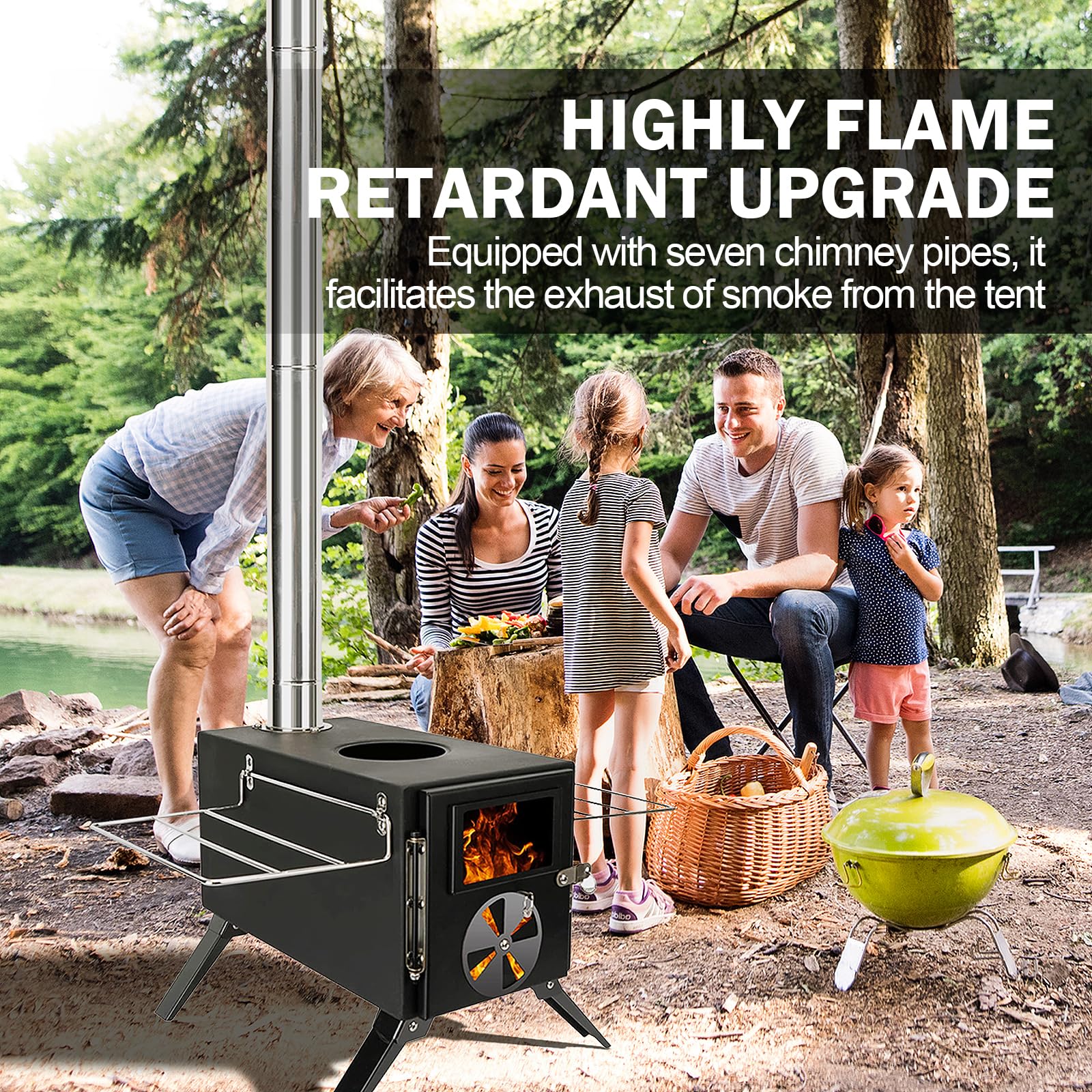 Womeyork Outdoor Camping Stove, Portable Wood Burning Stove With Chimney Pipe For Tent, Shelter, Heating And Cooking (Black-S)