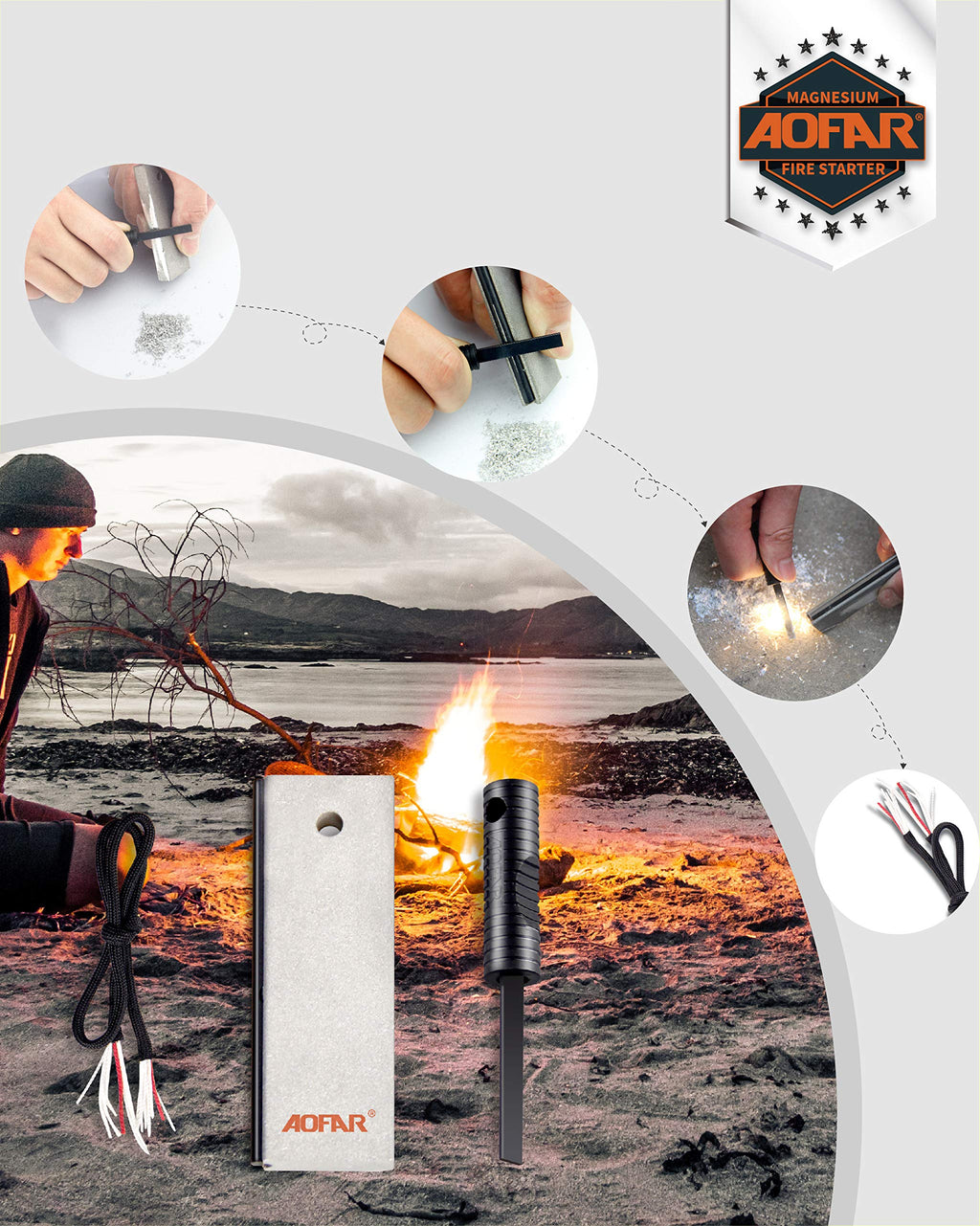 Aofar Magnesium Fire Starter Af-374 (2-Pack) Waterproof Fire Steel Pouch For Camping, Hiking, Hunting, Backpacking,Outdoor Survi