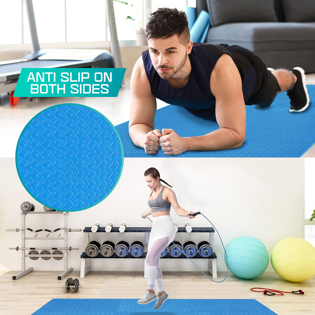 Yes4All Interlocking Floor Mats With Border - Foam, Gym Floor Mats With Eva Interlocking Tiles (12 Square Feet - Blue - 12 Tiles