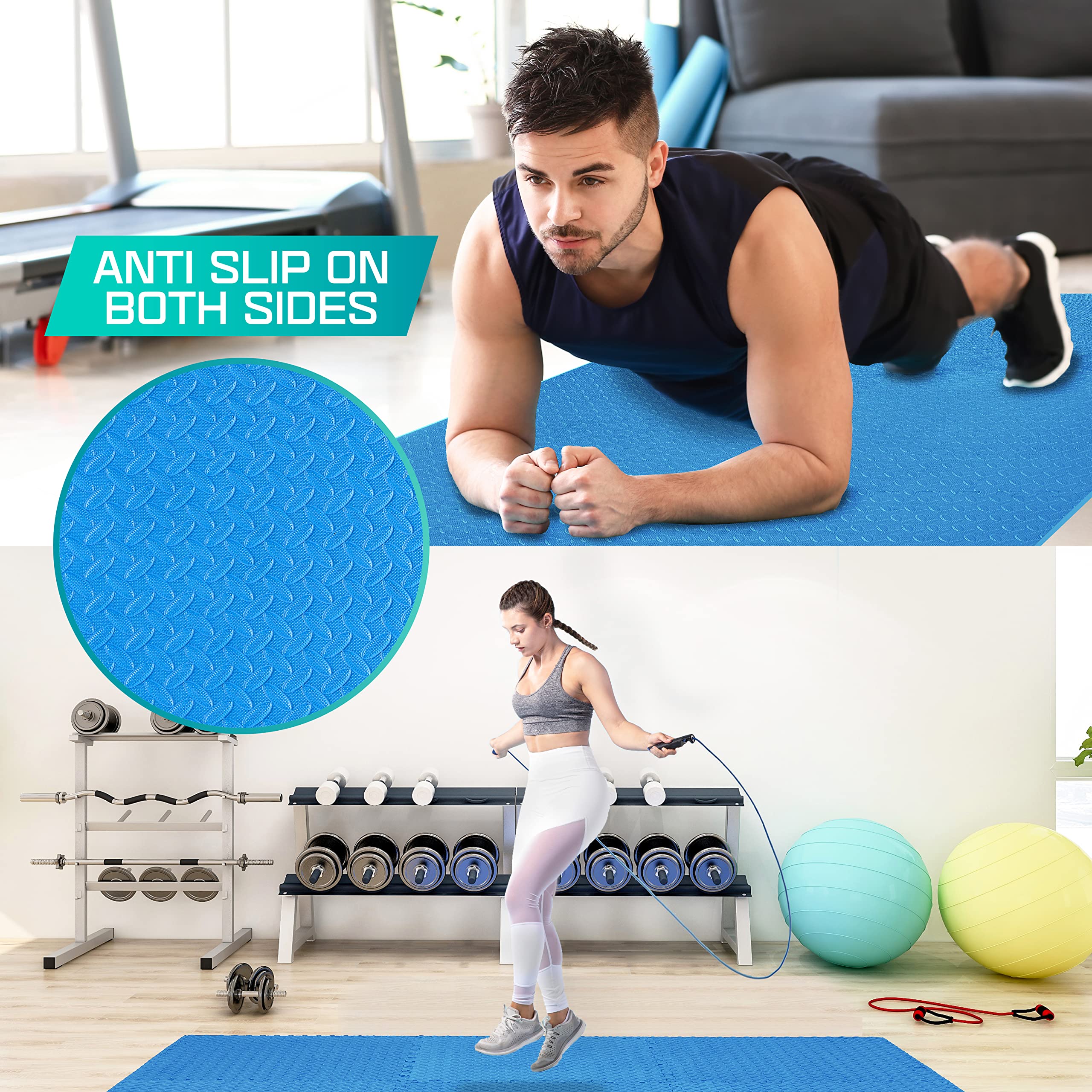 Yes4All Interlocking Floor Mats With Border - Foam, Gym Floor Mats With Eva Interlocking Tiles (12 Square Feet - Blue - 12 Tiles