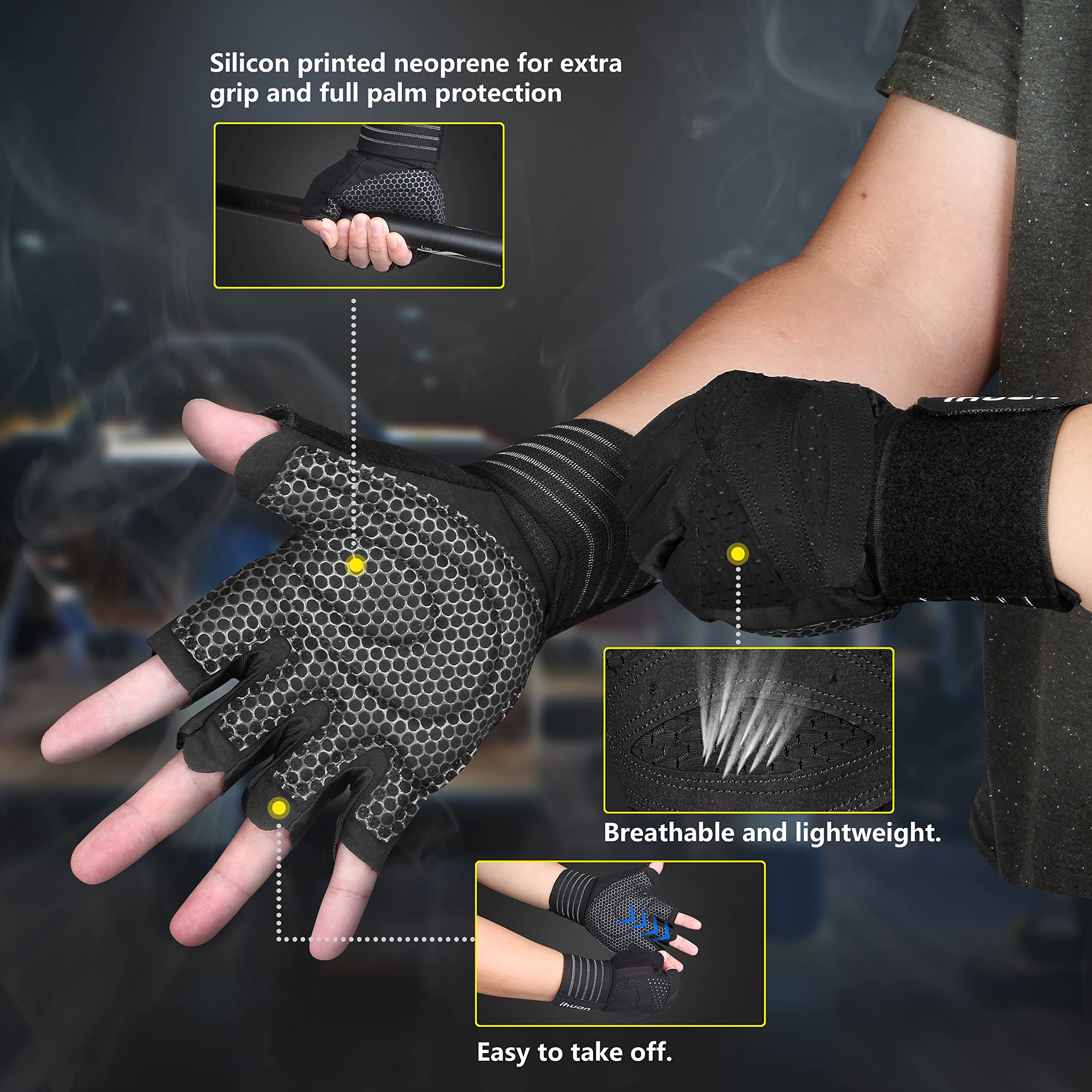 Ihuan Ventilated Weight Lifting Gym Workout Gloves With Wrist Wrap Support For Men & Women, Full Palm Protection, For Weightlift