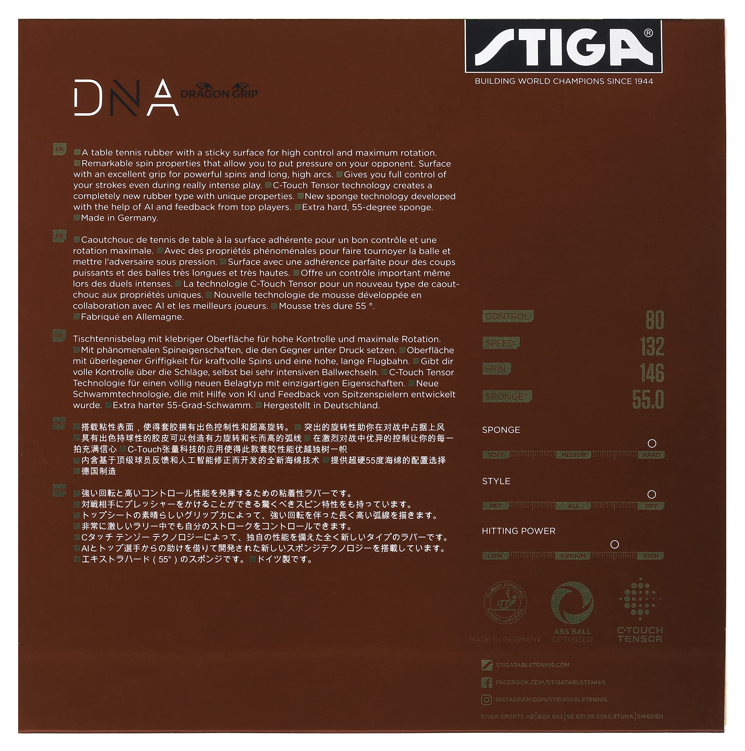 Stiga Dna Dragon Grip 55 Table Tennis Rubber  Ping Pong Sheet For Maximum Control & Powerful Spins - Full Stroke Control - Made