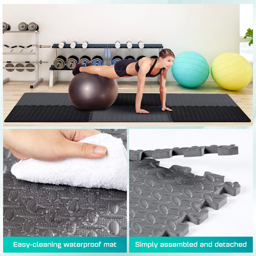 Yes4All Interlocking Foam Tiles, Non-Slip Foam Floor Tiles For Home Gym- Black And Gray, 16 Tiles 12''X 12''X 7/16'' Cover 16 Sq