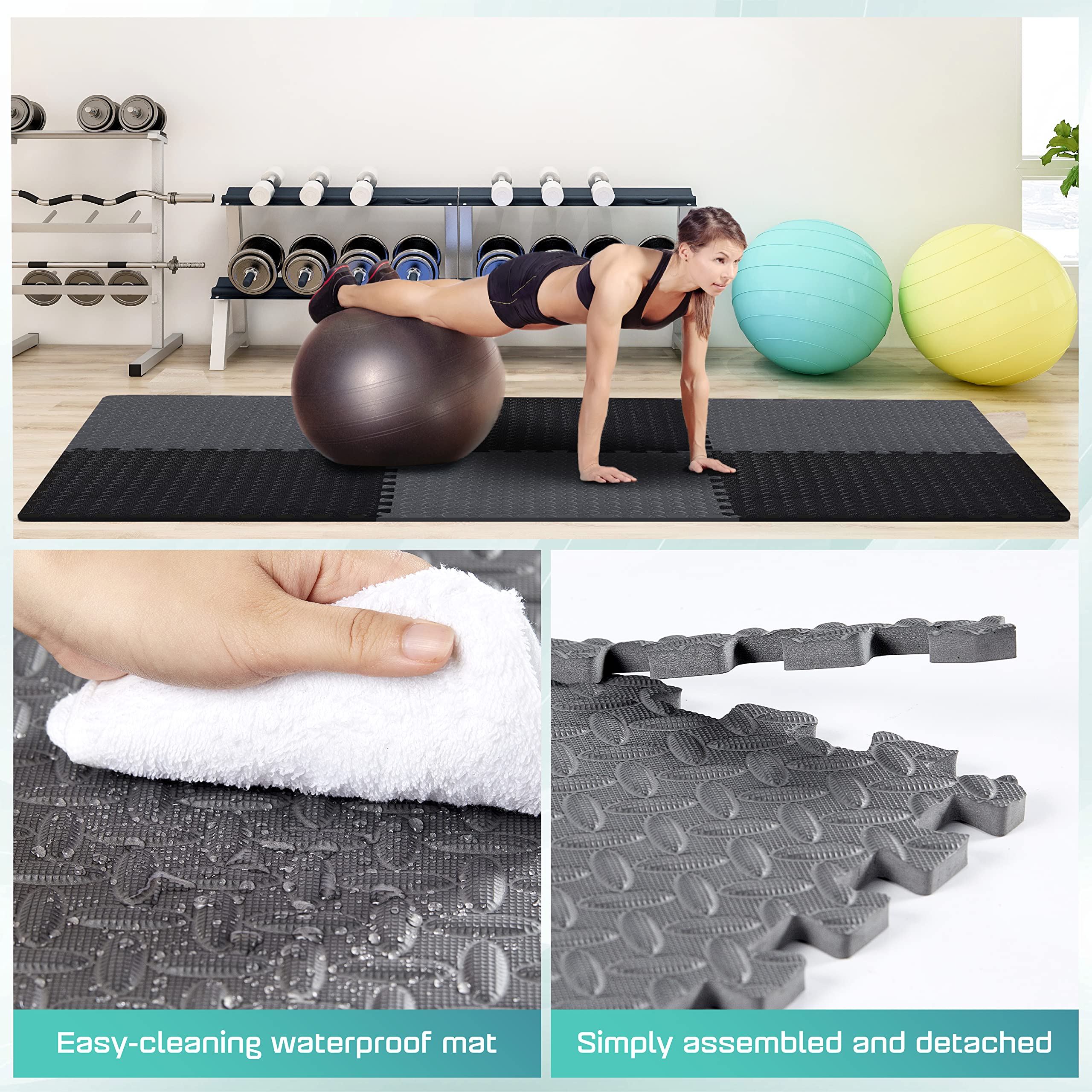 Yes4All Interlocking Foam Tiles, Non-Slip Foam Floor Tiles For Home Gym- Black And Gray, 16 Tiles 12''X 12''X 7/16'' Cover 16 Sq