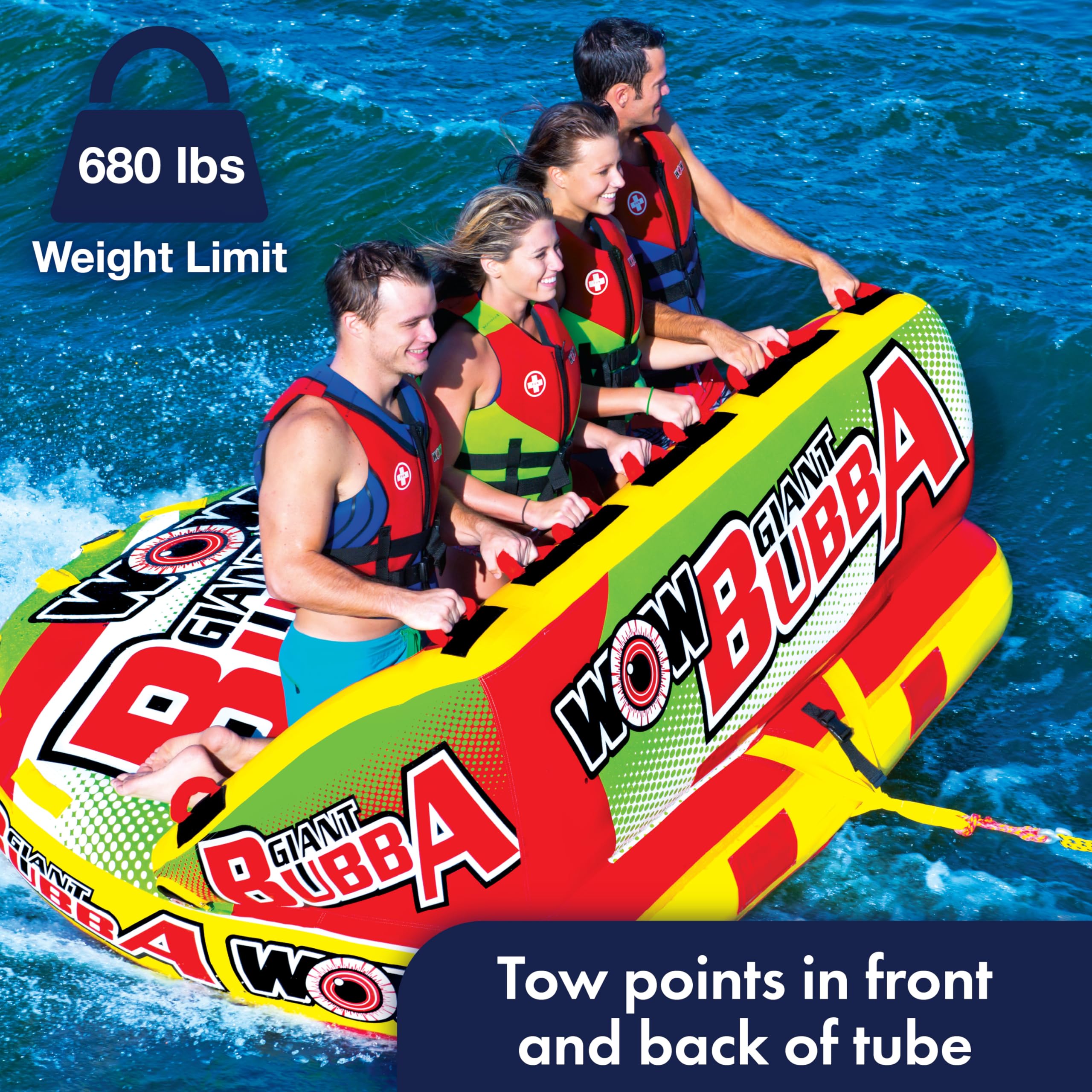 Wow Sports - Giant Bubba Towable Tube For Boating - 1-4 Person 680 Lbs Capacity - Inflatable Boat Tube For Water Sports - Youth