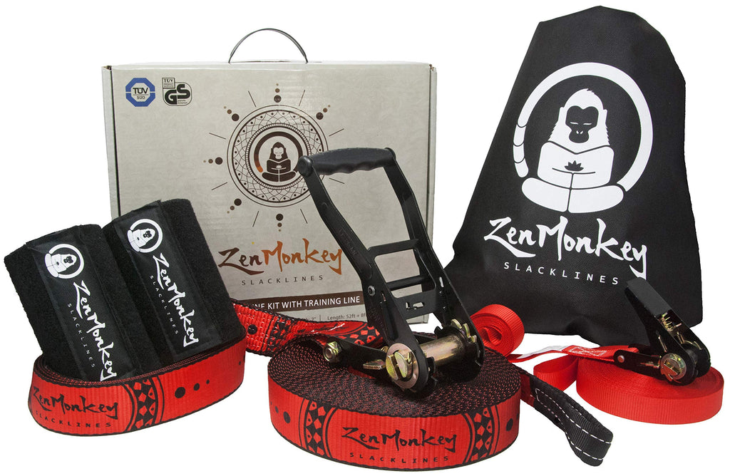 Zenmonkey Slackline Kit With Overhead Training Line, Arm Trainer, Tree Protectors, Cloth Carry Bag And Instructions, 60 Foot - E