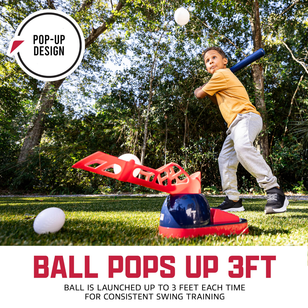 Franklin Sports Kids Baseball Pitching Machine - Pop A Pitch Batting Machine With Youth Bat + 3 Plastic Balls - Boys + Girls Toy